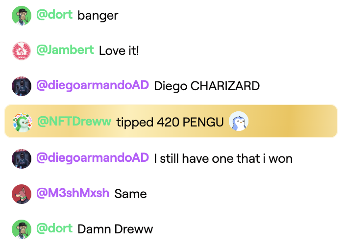 ChrisJourdan's tweet image. It wasn't 2017 USDC, but it means just as much ...
This morning on Coffee with Captain, I received my biggest tip while streaming on Abstract! โ๏ธ
420 PENGU tip from @nft_dreww ๐ซก
Greatly appreciated, kind of hard to put into words how & why it means more than the $
