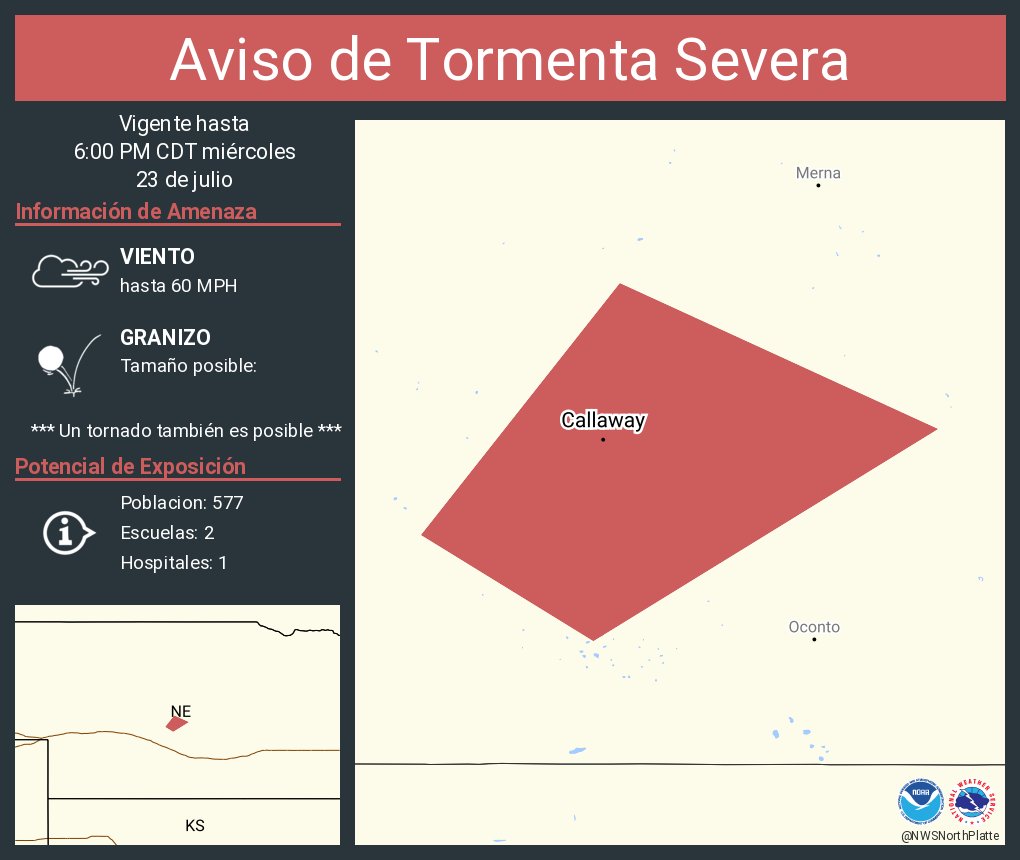 NWSNorthPlatte's tweet image. Aviso de Tormenta Severa incluye Callaway NE hasta las 6:00 PM CDT