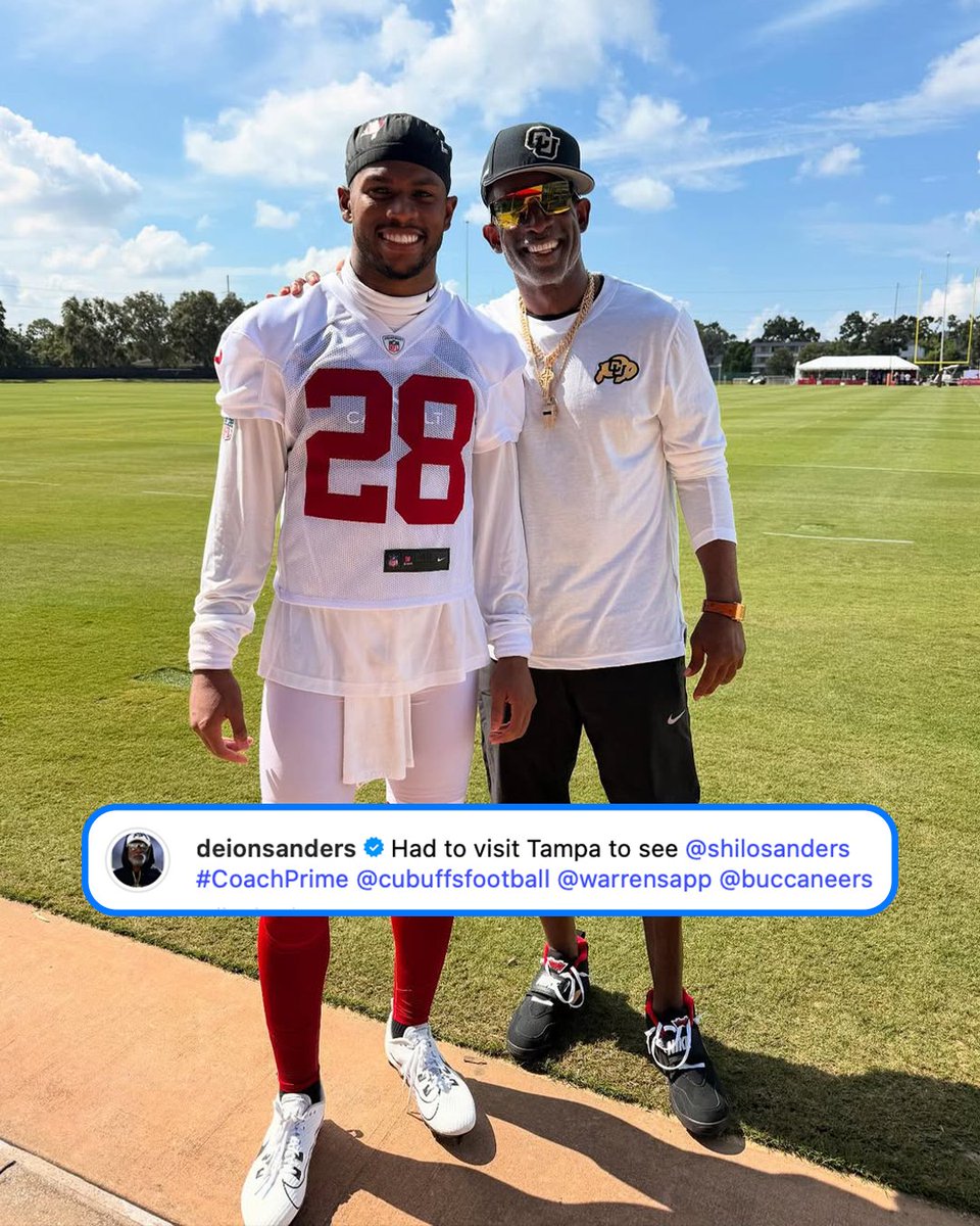 NFLonPrime's tweet image. Coach Prime in the building 馃槑
(via: @Buccaneers, @DeionSanders)