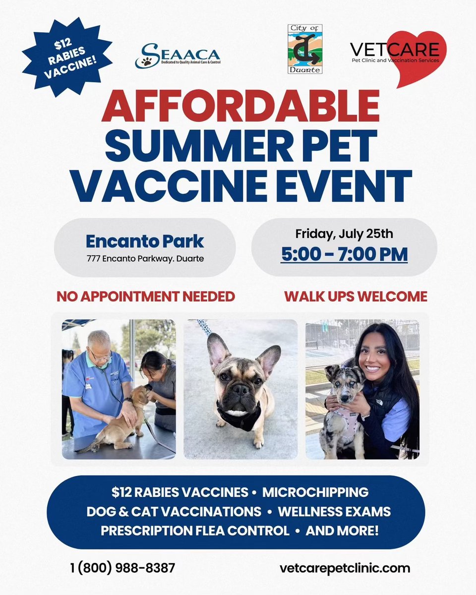 For the first time, Duarte Public Safety is hosting a Rabies Vaccination &amp; Licensing Clinic in the evening, making it perfect for busy pet owners!

📅 Friday, July 25
🕔 5–7 PM
📍 Encanto Park (751 Encanto Parkway)
In partnership with VET CARE

Available Services:
• Rabies