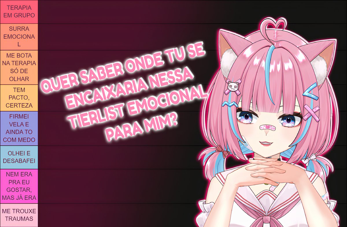 p1nkyVT's tweet image. 🩷𝗘𝗨 𝗜𝗡𝗩𝗢𝗖𝗢 𝗧𝗢𝗗𝗢𝗦 𝗢𝗦 𝗩𝗧𝗨𝗕𝗘𝗥𝗦/𝗢𝗖𝗦 🩵
• quer saber onde tu se encaixaria nessa tierlist emocional para mim?
❥ 𝐃𝐫𝐨𝐩𝐞𝐦 𝐬𝐞𝐮𝐬 𝐩𝐧𝐠 𝐜𝐚𝐬𝐨 𝐪𝐮𝐞𝐢𝐫𝐚𝐦 𝐩𝐚𝐫𝐭𝐢𝐜𝐢𝐩𝐚𝐫!
♡ a tierlist não é por rank, levem tudo na brincadeira ♡