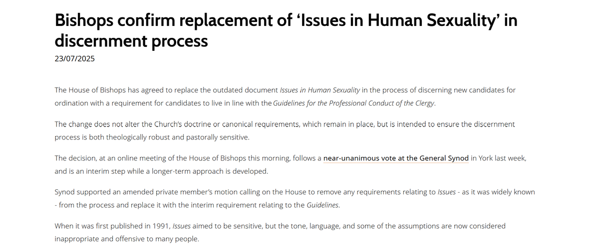 bexchapman3boys's tweet image. 'The House of Bishops has agreed to replace the outdated document Issues in Human Sexuality...
...The change does not alter the Church’s doctrine or canonical requirements'
churchofengland.org/media/press-re…
#synod
#GeneralSynod