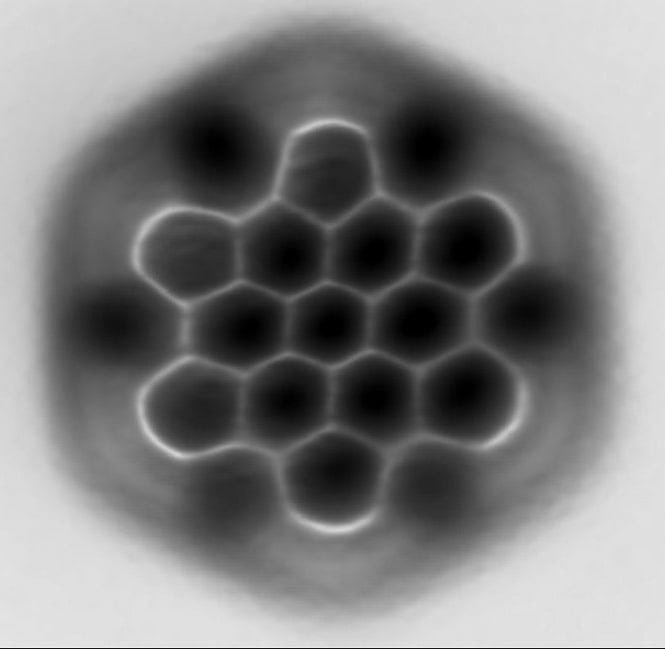 PhysInHistory's tweet image. This is an actual picture of a molecule taken by IBM created by using a technique called Atomic Force Microscopy (AFM).
(Credit: IBM)