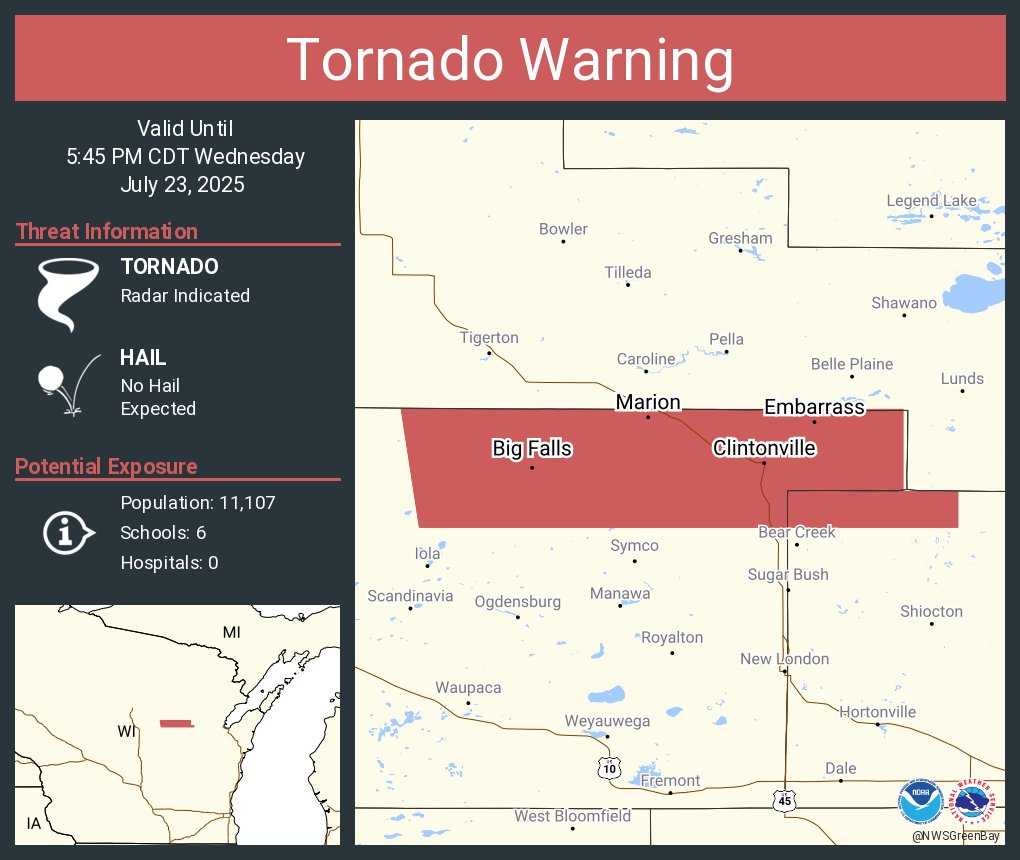 NWStornado's tweet image. Tornado Warning including Clintonville WI, Marion WI and Embarrass WI until 5:45 PM CDT