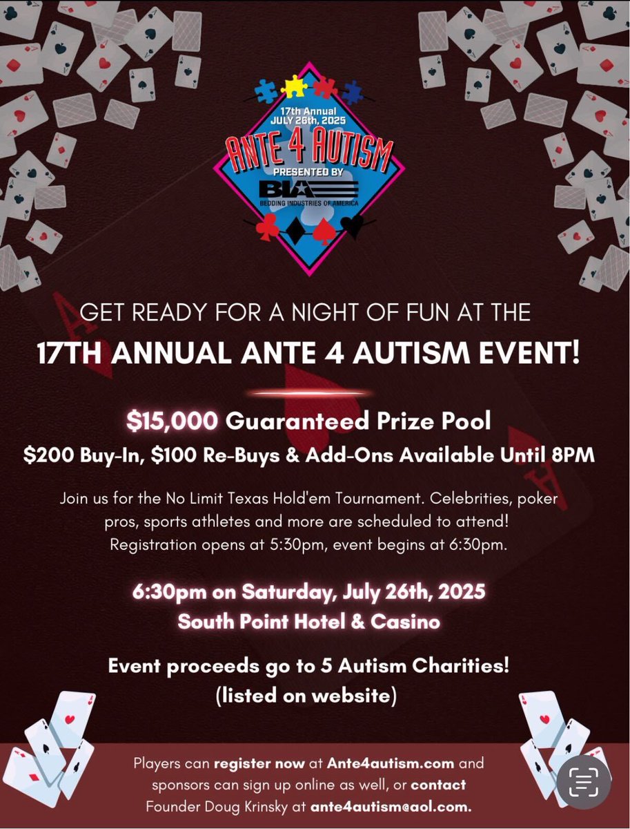 Going to be in Las Vegas this Saturday?

We’re giving away a seat to the 17th Annual Ante 4 Autism Charity Event at <a href="/southpointlv/">South Point Hotel</a> courtesy of <a href="/KarinaJett/">Karina Jett</a>!

Simply like and retweet this post and you’ll be entered to win. Must be in Las Vegas. Winner will be chosen Friday evening.