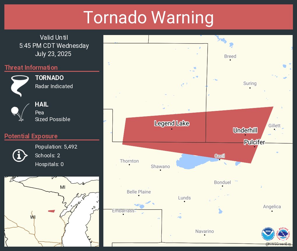 NWStornado's tweet image. Tornado Warning including Legend Lake WI, Keshena WI and Pulcifer WI until 5:45 PM CDT