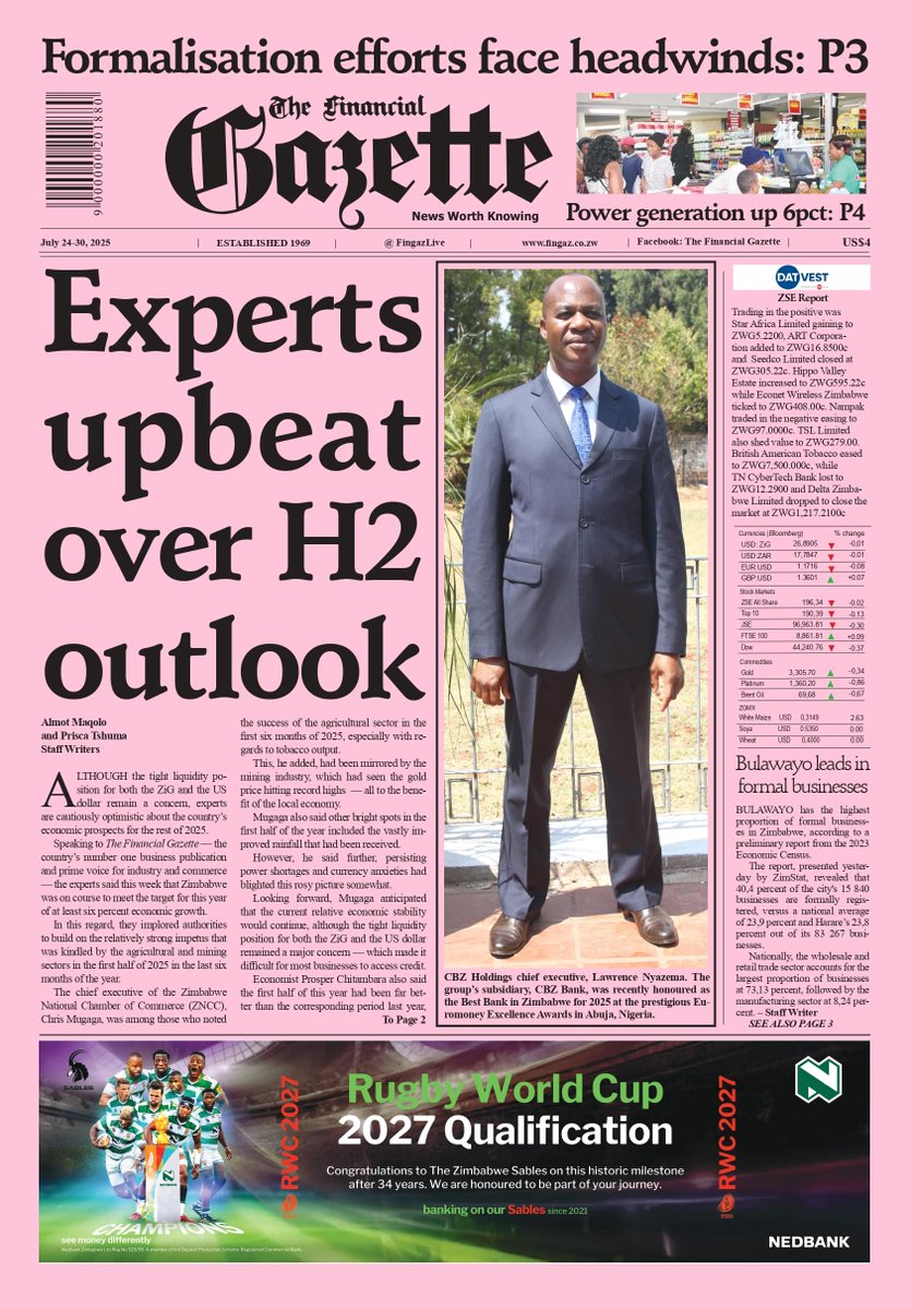 FingazLive's tweet image. Follow the Financial Gazette WhatsApp channel on: shorturl.at/2thdL
---
ALTHOUGH the tight liquidity position for both the ZiG and the US dollar remain a concern, experts are cautiously optimistic about the country’s economic prospects for the rest of…