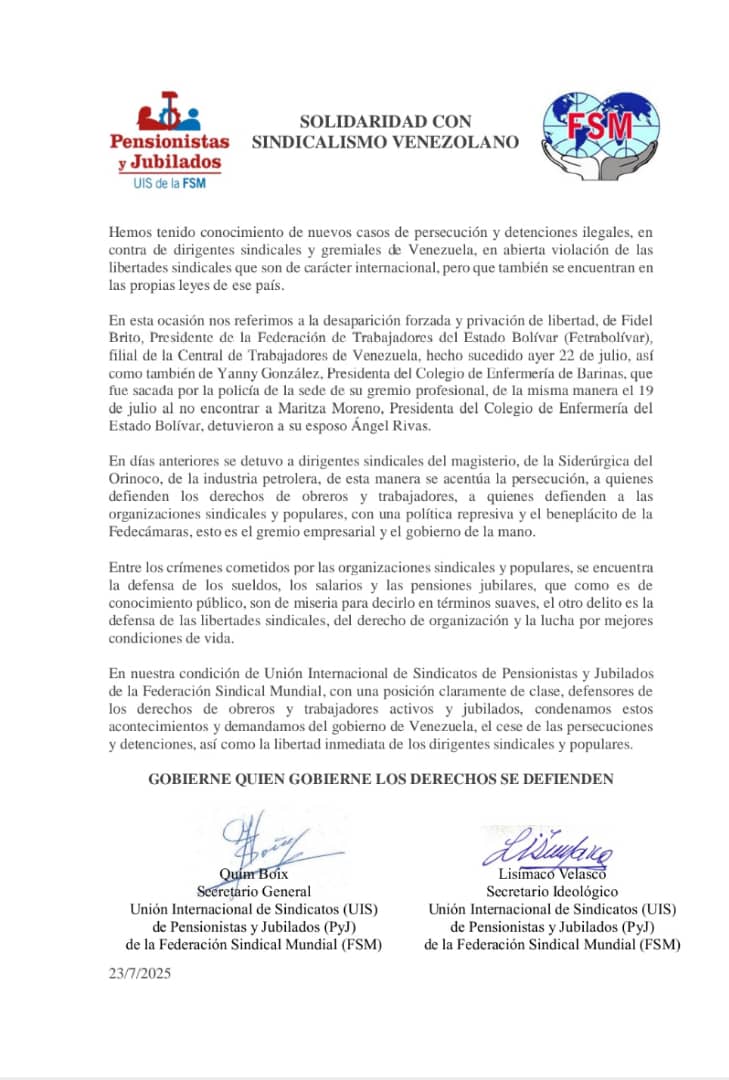 CUTV_venezuela (@cutv_venezuela) on Twitter photo #23Jul
La Unión Internacional de Sindicatos de Pensionistas y Jubilados de la <a href="/wftucentral1945/">WFTU - World Federation of Trade Unions</a> se pronunciaron en solidaridad con los trabajadores y el movimiento sindical venezolano ante las injustas e ilegales detenciones de dirigentes sindicales y gremiales en #Venezuela 👇 #23Jul
La Unión Internacional de Sindicatos de Pensionistas y Jubilados de la <a href="/wftucentral1945/">WFTU - World Federation of Trade Unions</a> se pronunciaron en solidaridad con los trabajadores y el movimiento sindical venezolano ante las injustas e ilegales detenciones de dirigentes sindicales y gremiales en #Venezuela 👇