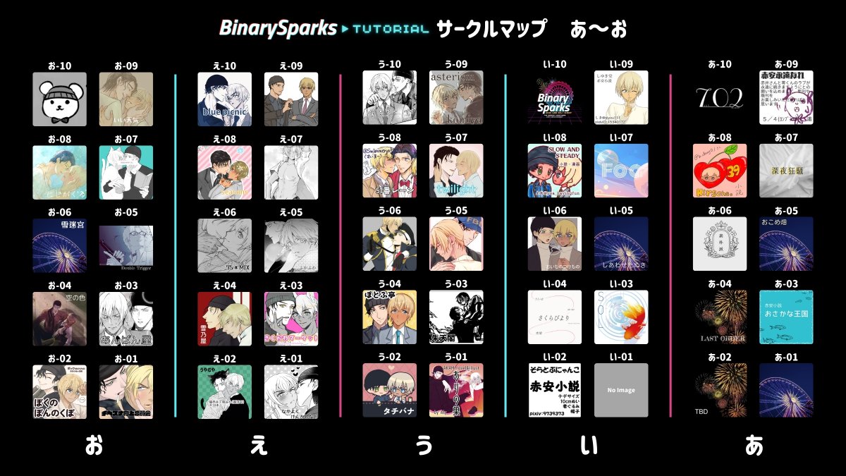binary_sparks's tweet image. 2025年9月21日(日) 開催
赤安WEBオンリーイベント
BinarySparksTUTORIAL🔰

📍サークルマップ＆リスト公開📍

スペース番号も確定となります。
サークルの皆さま、ご協力ありがとうございました！

大きい画像はこちらからご確認いただけます
👉binarysparks.web.fc2.com/mapandlist.html

#BinarySparks