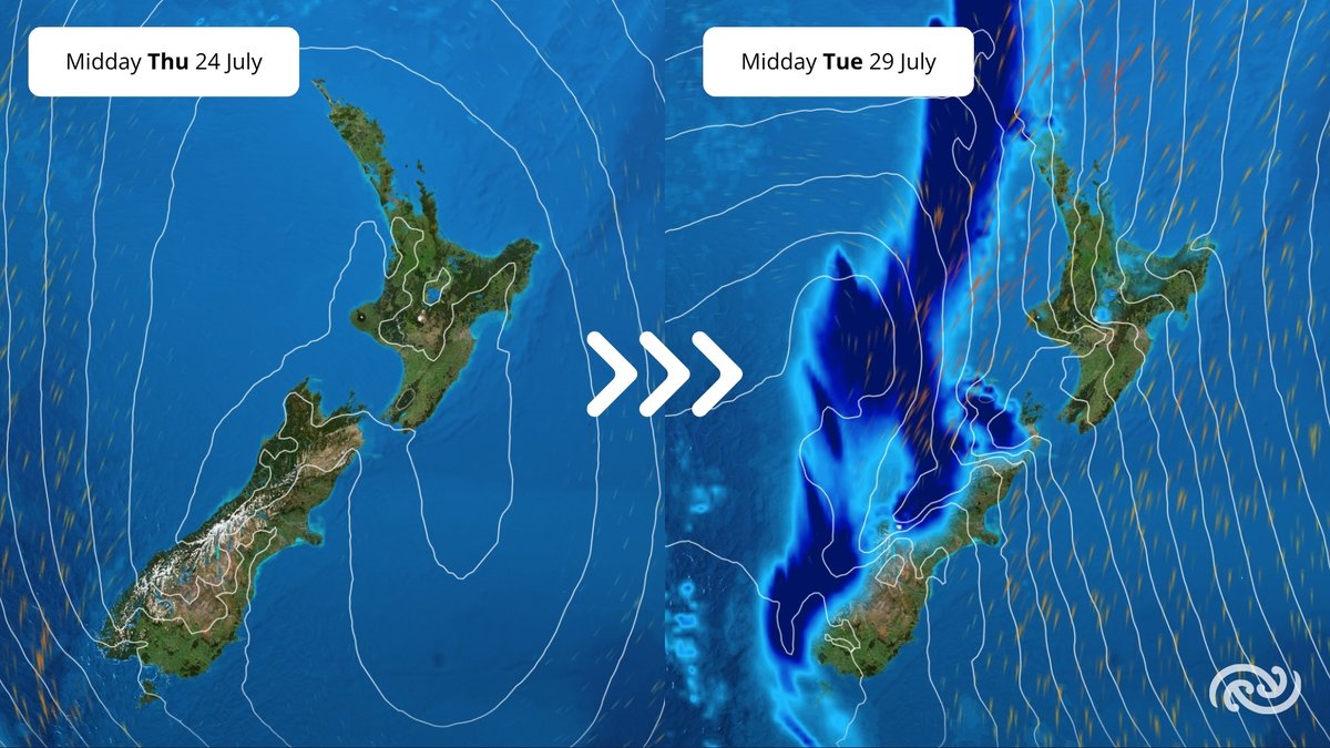 MetService's tweet image. A change is on the way!! ☀️⛅🌥️🌦️🌧️⛈️
It’s been a stunning run of calm, frosty mornings and crisp winter days across Aotearoa, but the settled spell is nearly up. 🥶❄️
A shift in the weather pattern is on the way this weekend, with rain and wind creeping in from the south late…