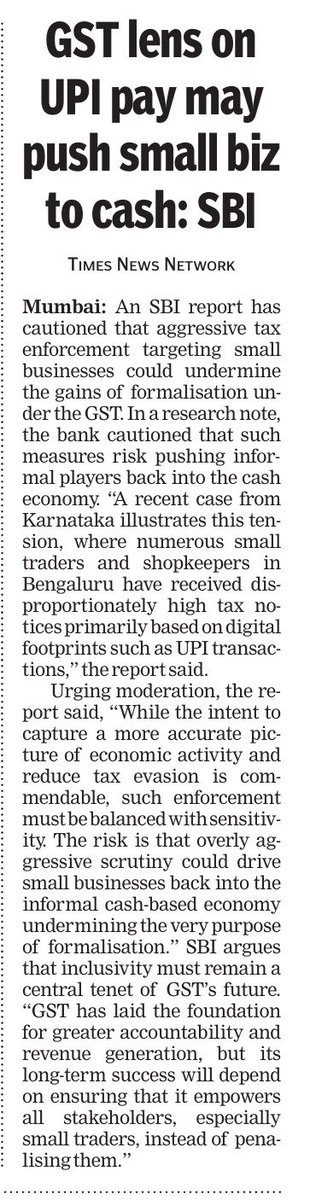 CA Rajendra Sharma (@carajendra89) on Twitter photo *Very True !!*
An SBI report warns that harsh tax actions against small businesses may push them back into using cash and avoiding GST. It says tax rules should be fair and supportive, or the goal of formalising the economy could fail.
<a href="/taxologyin/">Taxology India</a> <a href="/CAChirag/">CA Chirag Chauhan</a> <a href="/CAclubindia/">CAclubindia</a> *Very True !!*
An SBI report warns that harsh tax actions against small businesses may push them back into using cash and avoiding GST. It says tax rules should be fair and supportive, or the goal of formalising the economy could fail.
<a href="/taxologyin/">Taxology India</a> <a href="/CAChirag/">CA Chirag Chauhan</a> <a href="/CAclubindia/">CAclubindia</a>