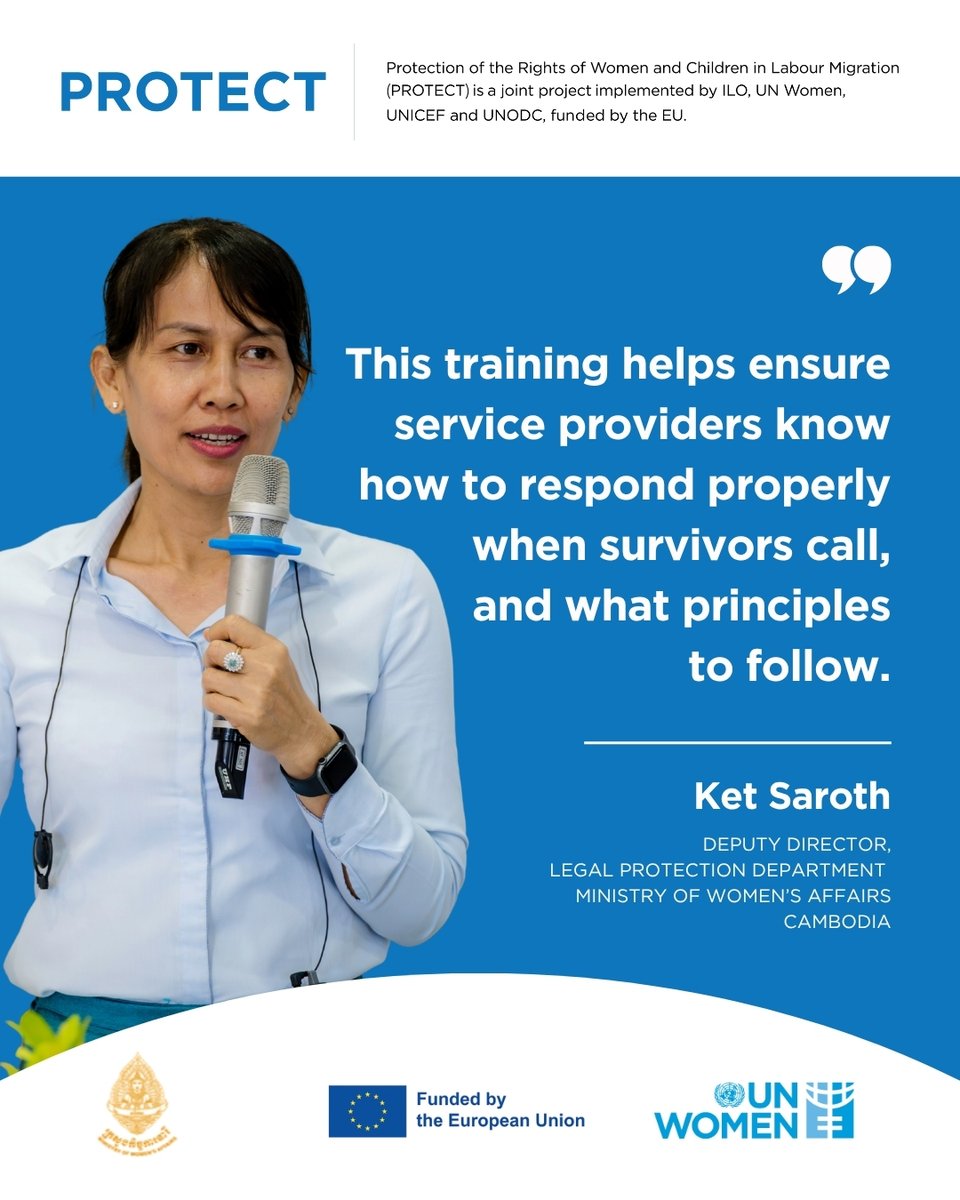 unwomenasia's tweet image. 🤝 Supporting Cambodia’s Women Migrant Workers
UN Women, in partnership with @mowakhmer, is strengthening helpline services in all 25 provinces — ensuring women migrant workers can access the support they need.
🙏 @EUCambodia
🔗Learn more: unwo.men/f7QE50WtJ8q