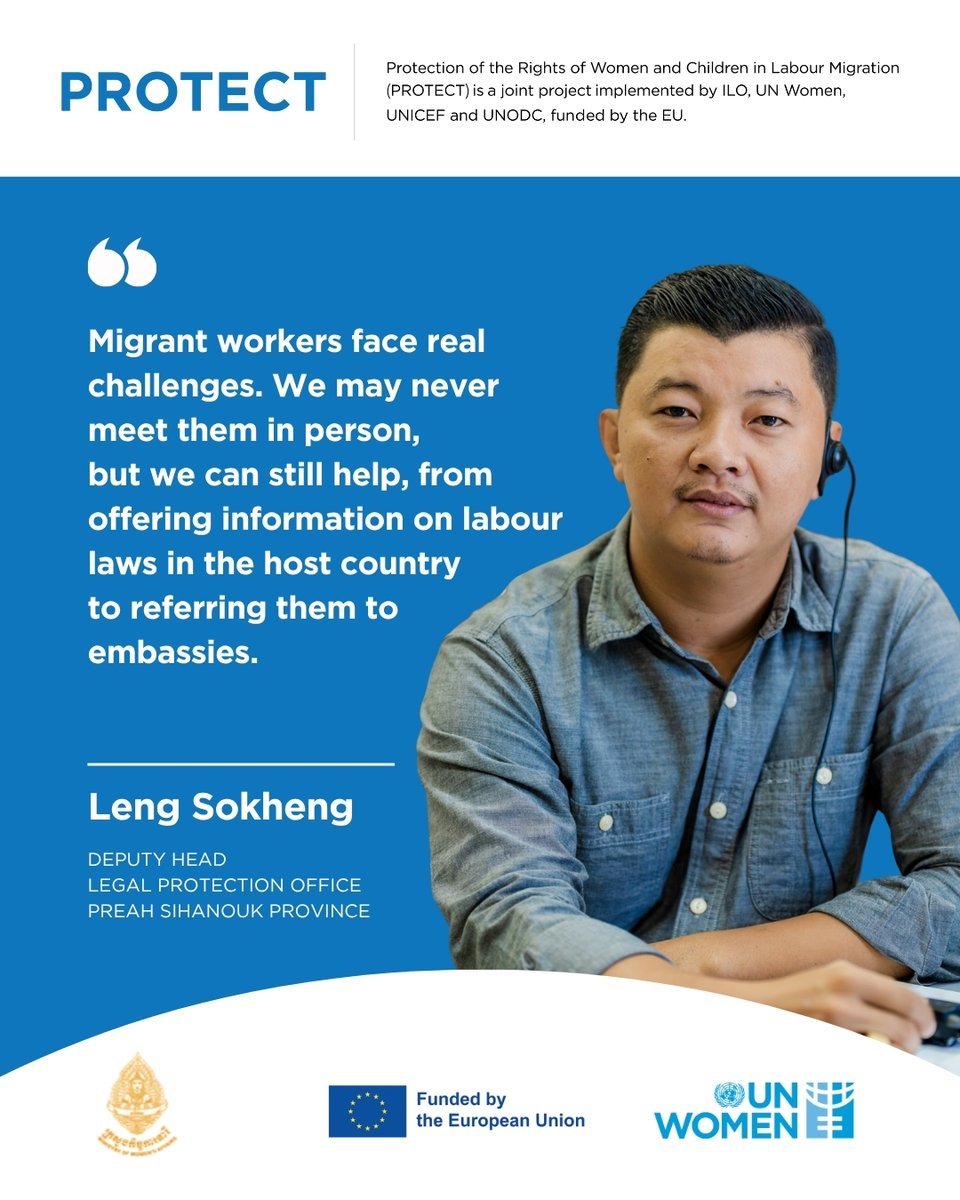 unwomenasia's tweet image. 🤝 Supporting Cambodia’s Women Migrant Workers
UN Women, in partnership with @mowakhmer, is strengthening helpline services in all 25 provinces — ensuring women migrant workers can access the support they need.
🙏 @EUCambodia
🔗Learn more: unwo.men/f7QE50WtJ8q