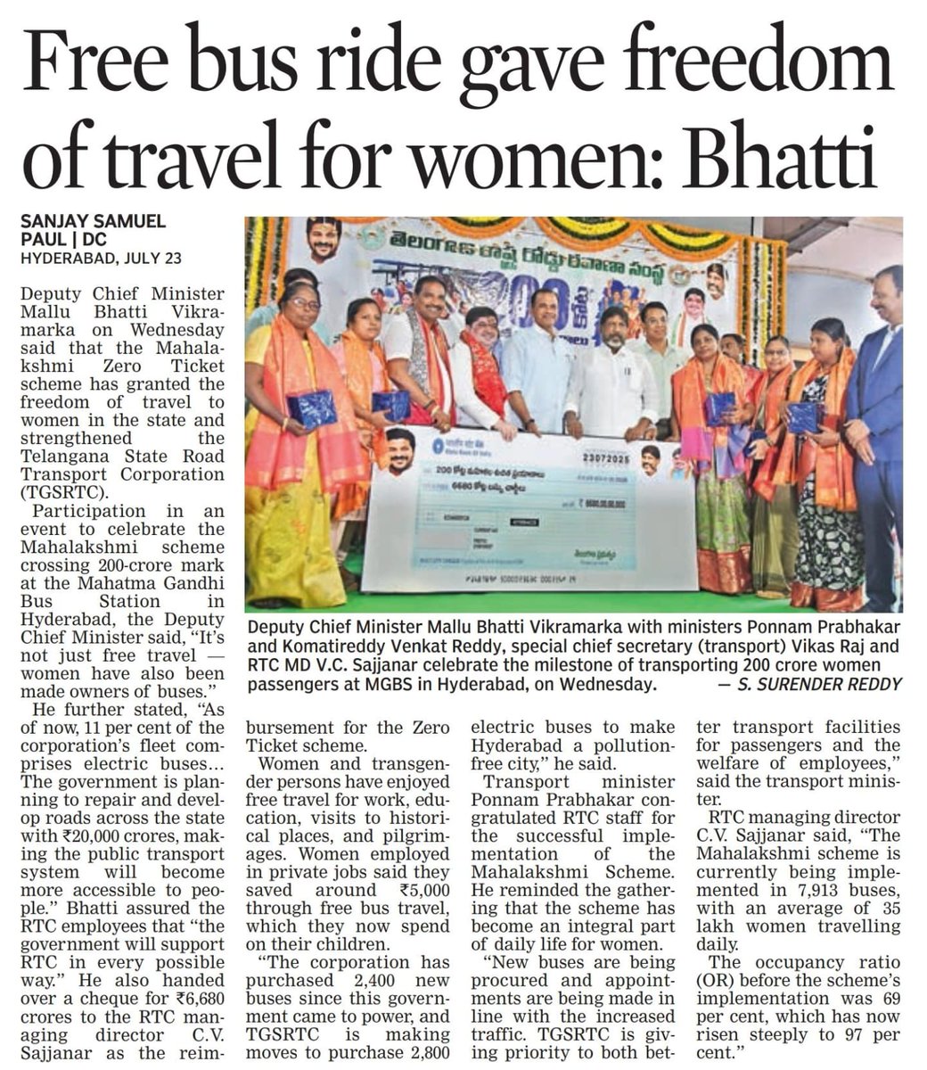 revanthannanews's tweet image. CM Revanth Reddy’s Mahalakshmi initiative, empowering women with free bus travel, hits a major milestone:
✅ 200 Cr free bus trips
✅ 67% of TSRTC passengers now women
✅ 24% jump in daily ridership
✅ Occupancy up from 69% to 97%
#MahalakshmiScheme #WomenEmpowerment