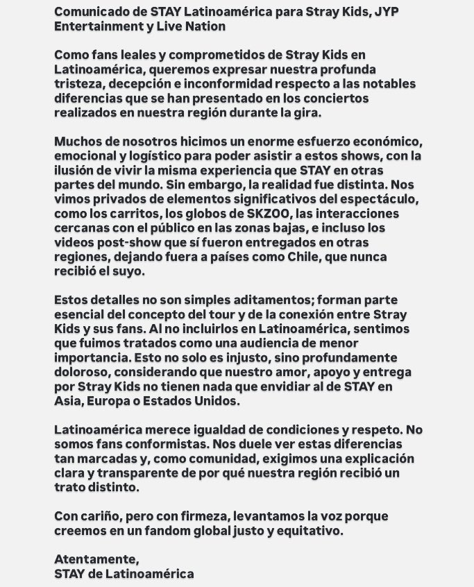 ferchiiez's tweet photo. Carta para @Stray_Kids @jypnation @LiveNationKpop y a quien corresponda de parte de #StayLATAM #straykids #Equality #kpop #skz #jyprespectLATAM #BangChan #Hyunjin #Seungmin #Changbin #Han #leeknow #felix #IN https://t.co/2JoCUy0m71