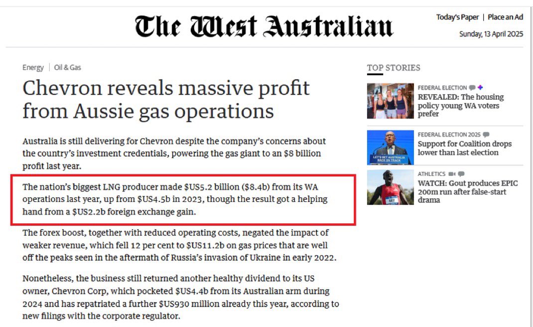 MarkOgge's tweet image. Hmmm….I wonder if Chevron’s massive profits have anything to do with our Government giving them all the gas they export FOR FREE, letting them pat $0 PRRT, and making taxpayers pay their clean up costs?