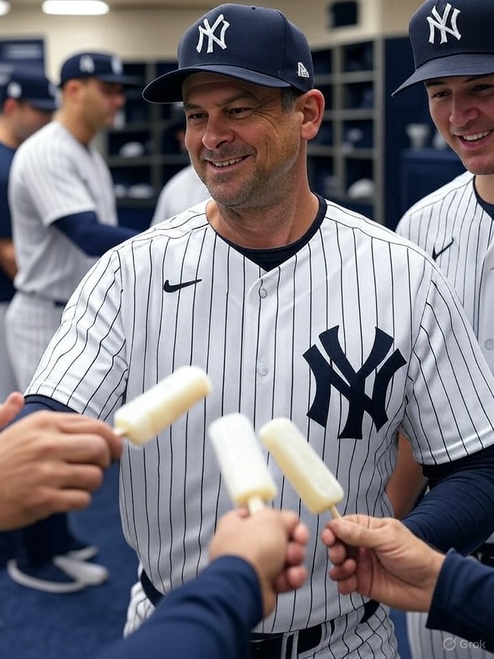 CUSA11_'s tweet image. Aaron Boone seen handing out popsicles to his players post game after a “hard fought loss”. Yankees players are so lucky to have him!