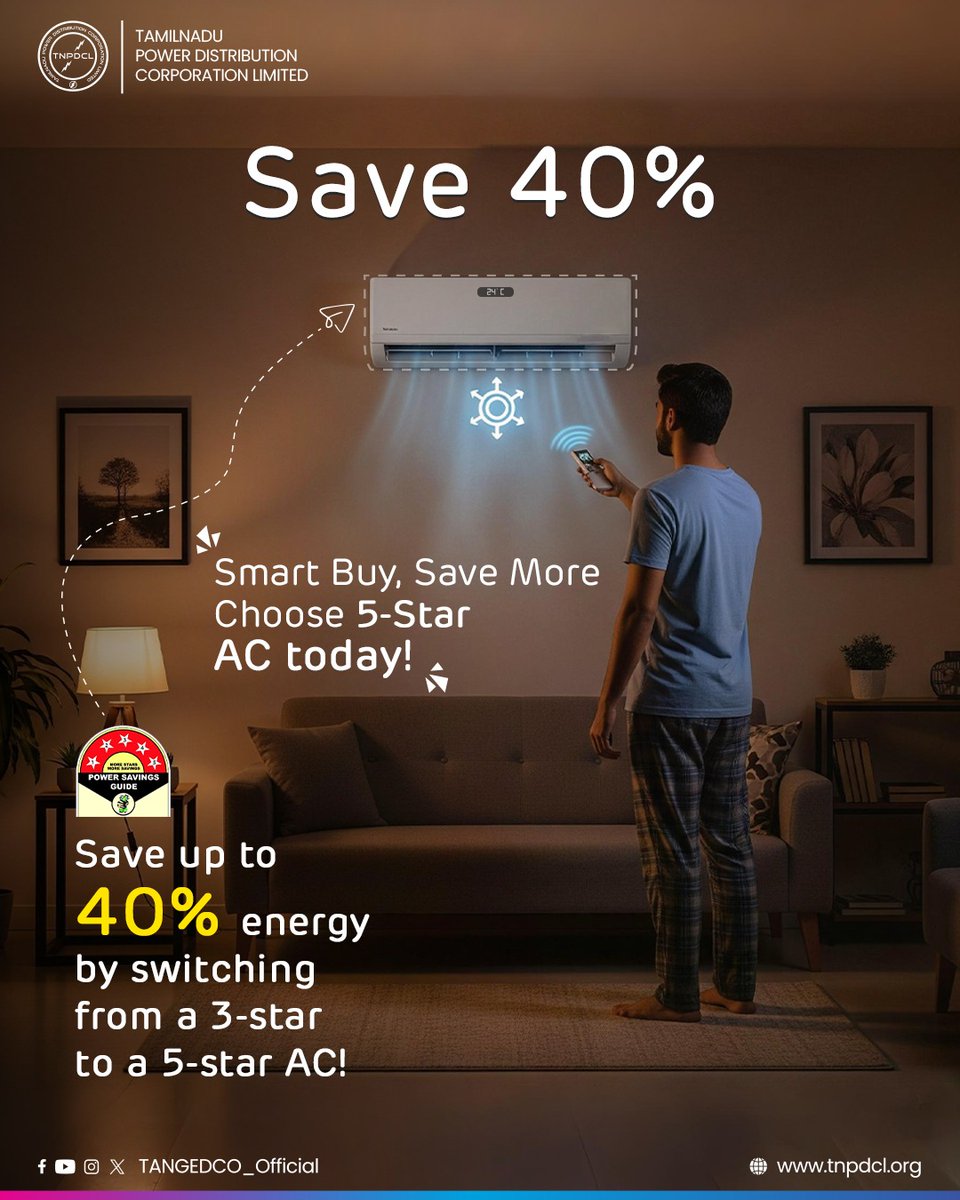 #SaveEnergy | Save 40% - Smart Buy, Save More Choose 5-Star AC today! 💸

Save up to 40% energy by switching from a 3-star to a 5-star AC!💡⚡️

#TNEB | #TNPDCL | #TANGEDCO | #EnergyEfficiency