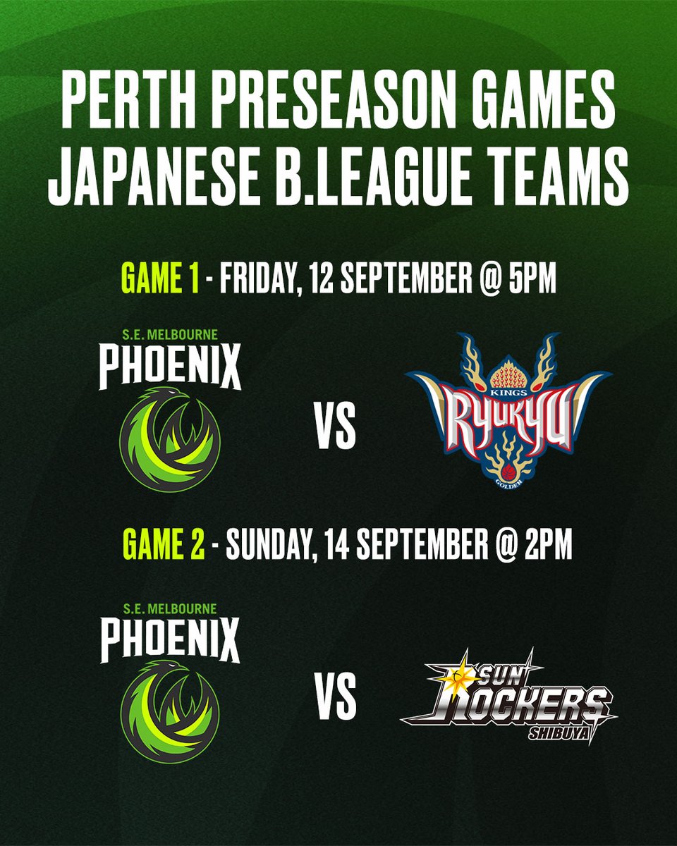 SEMelbPhoenix's tweet image. International Pre-Season games in Perth! ✈️
We're heading to Perth in September as the @PerthWildcats host us and Japanese B.League sides, as we take on @RyukyuKings and @we_r_sunrockers as part of our pre-season preparation. 🏀
Read more: bit.ly/4mdYx6T