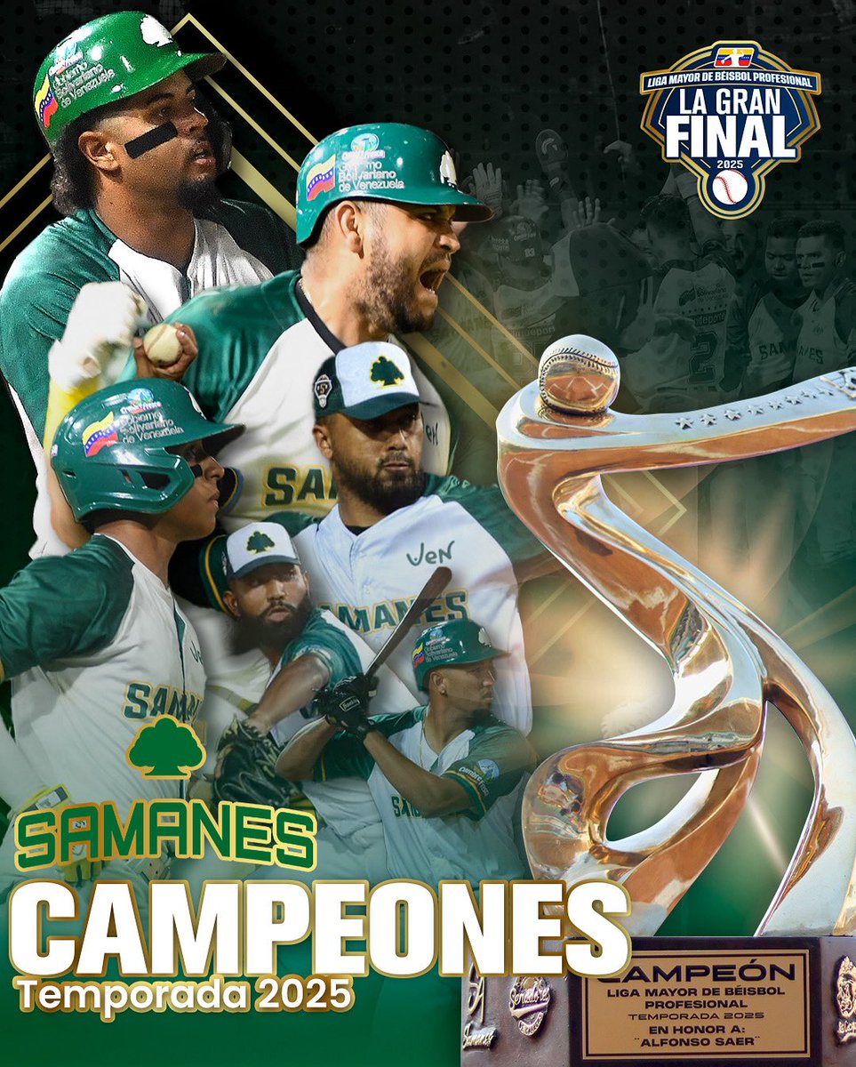 LMBP_ve's tweet image. 🏆SAMANES DE ARAGUA ES EL CAMPEÓN 🏆
Desde la Liga Mayor de Béisbol Profesional FELICITAMOS a los @samanesbbc por conquistar el título de la temporada 2025👏🏻
¡CELEBRA ARAGUA, EL GIGANTE ES EL CAMPEÓN! 🌳🎊🎉
#AhoraEnVenezuelaHayMasBeisbol ⚾️🇻🇪