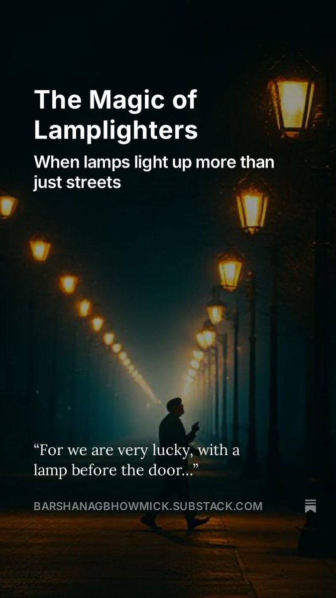 barshanag's tweet image. A quiet tribute to everyday magic:  lamplighters, soft doorway lights, and the warmth. When streetlights become storytellers and dusk holds memory like a lullaby. Read: barshanagbhowmick.substack.com/p/the-magic-of…
@barshanag @SubstackInc  #SubstackIndia #BarshaNagBhowmick #ItsRainingThoughts