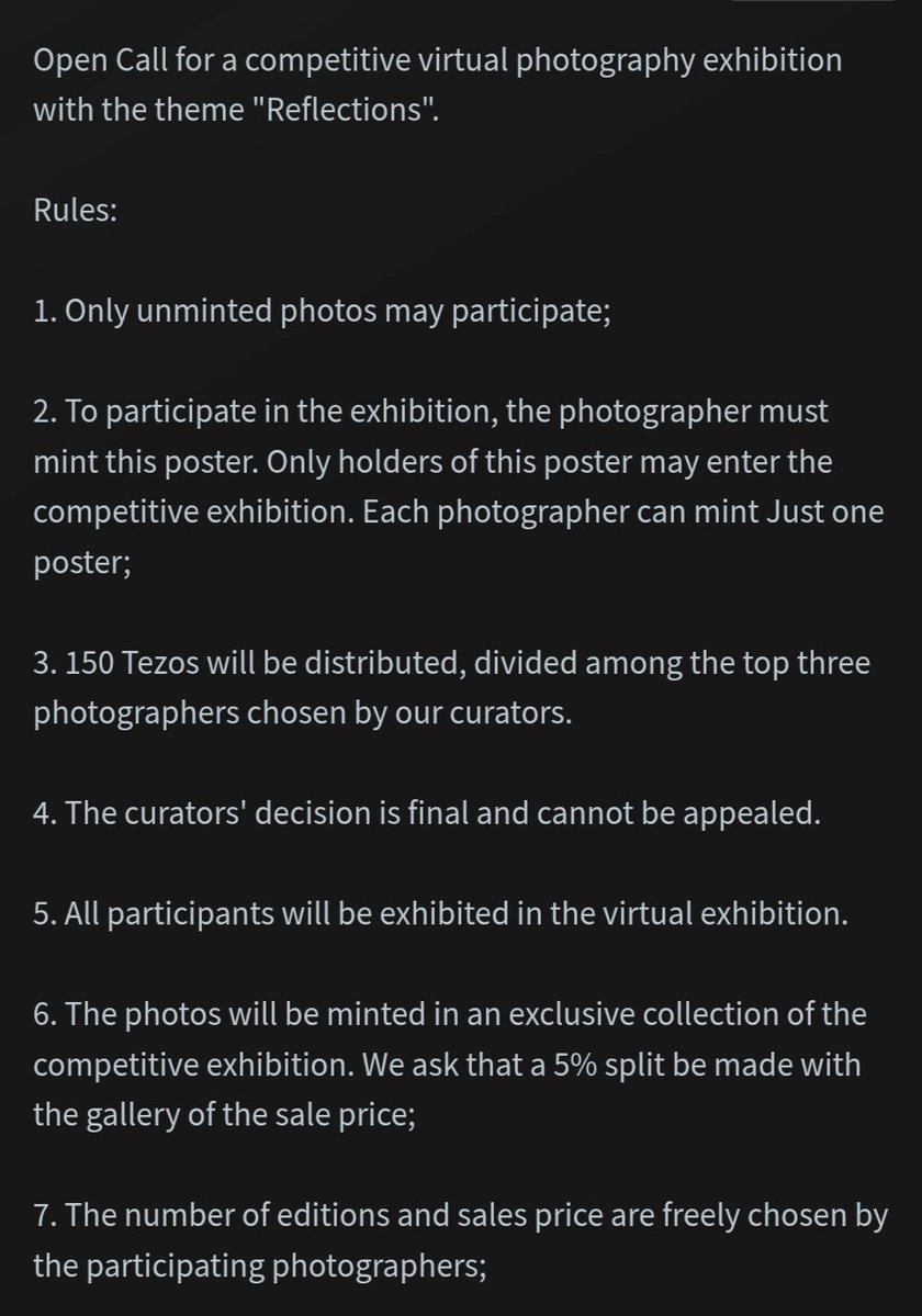 reiniscouple's tweet image. 🔥Open Call for a competitive virtual photography exhibition with the theme "Reflections", on Tezos
150 XTZ will be divided among the top 3 photographers
Rules in the 2nd image
➡️Link to the exhibition poster objkt: objkt.com/tokens/KT1RRik…
✨Optional: share and tag 2 friends
