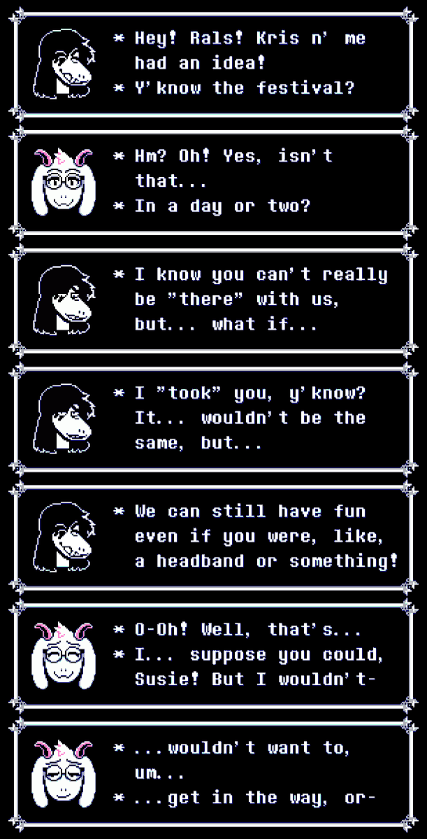Zixzs321's tweet image. a little bit of #ralsusie because ONE WAY OR ANOTHER SUSIE IS BRINGING RALSEI TO THE FESTIVAL
#DELTARUNE