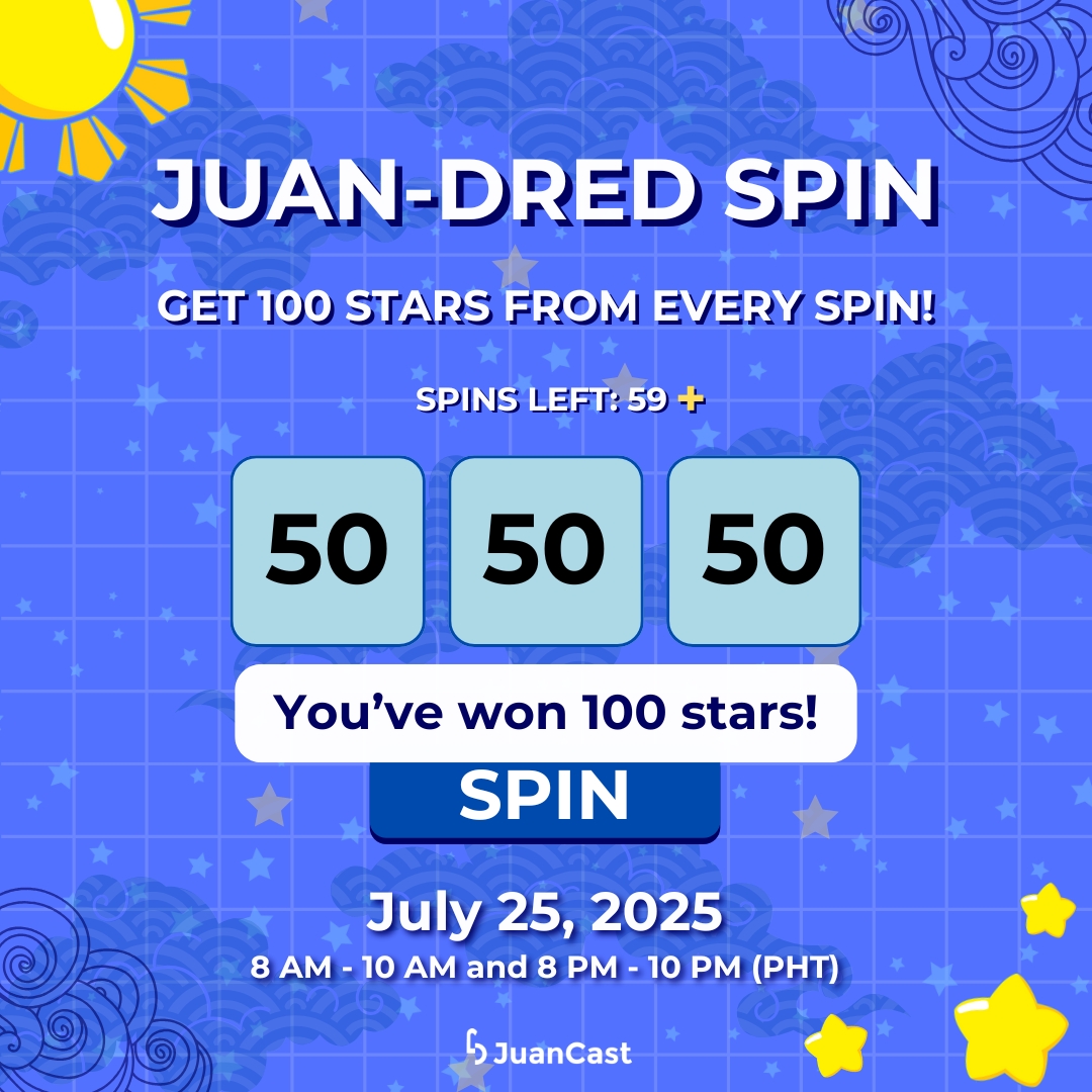 NotJuanCastPH's tweet image. The stars are here and shining brighter than ever 🌟
Get ready to collect 100 stars 😮 from every spin tomorrow, July 25, 2025, during these hours:
🕗 8:00 AM – 10:00 AM
🌙 8:00 PM – 10:00 PM
Don’t miss your chance ⛔ to shine brighter with more stars only on the #JuanCast…