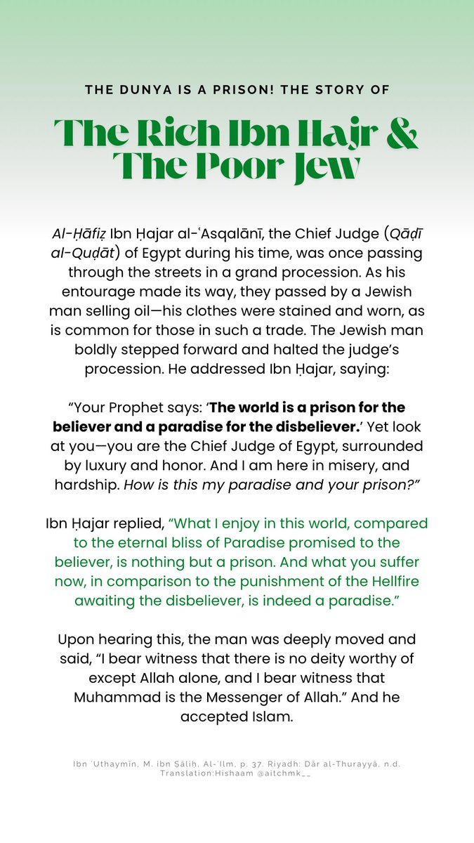 aitchmk__'s tweet image. A Poor Jew Asked a Rich Ibn Hajar,

 “‘The Dunya is the Prison of the Believer and the Paradise of the Disbeliever…’, 

How Come You’re Rich and I Am Not?”
