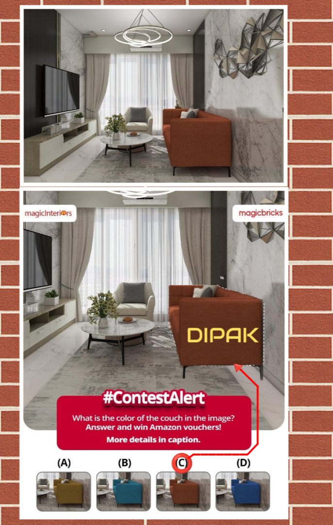 DipakKu77666976's tweet image. Option:- (C) 🟫 is the color of the couch in the image of @magicbricks TV UNIT

#Magicbricks #Contest #magicInteriors #PropertySahiServicesSabhi #FantasyZarooriHai

@MunmunD77420711 
@godsowntalk 
@mysterioussu 
@Pattu1979 
@ashokkansal57 
@sandip_sultania