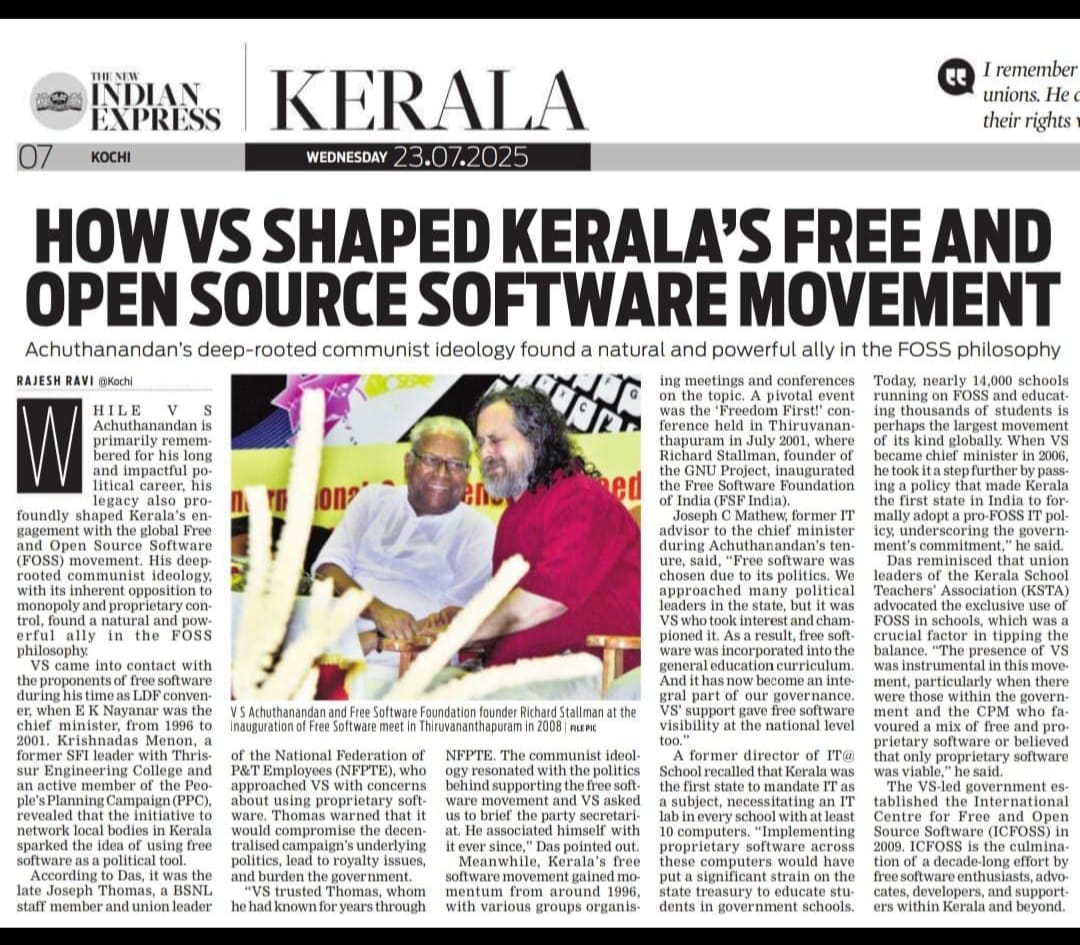 ajoydasgupta's tweet image. VS Achuthanandan has many outstanding legacies...in humanism, environmental conservation, democracy, and even in technology..his early backing of FOSS stands out. His understanding of what constitutes public good is an example that politicians across the spectrum could follow.