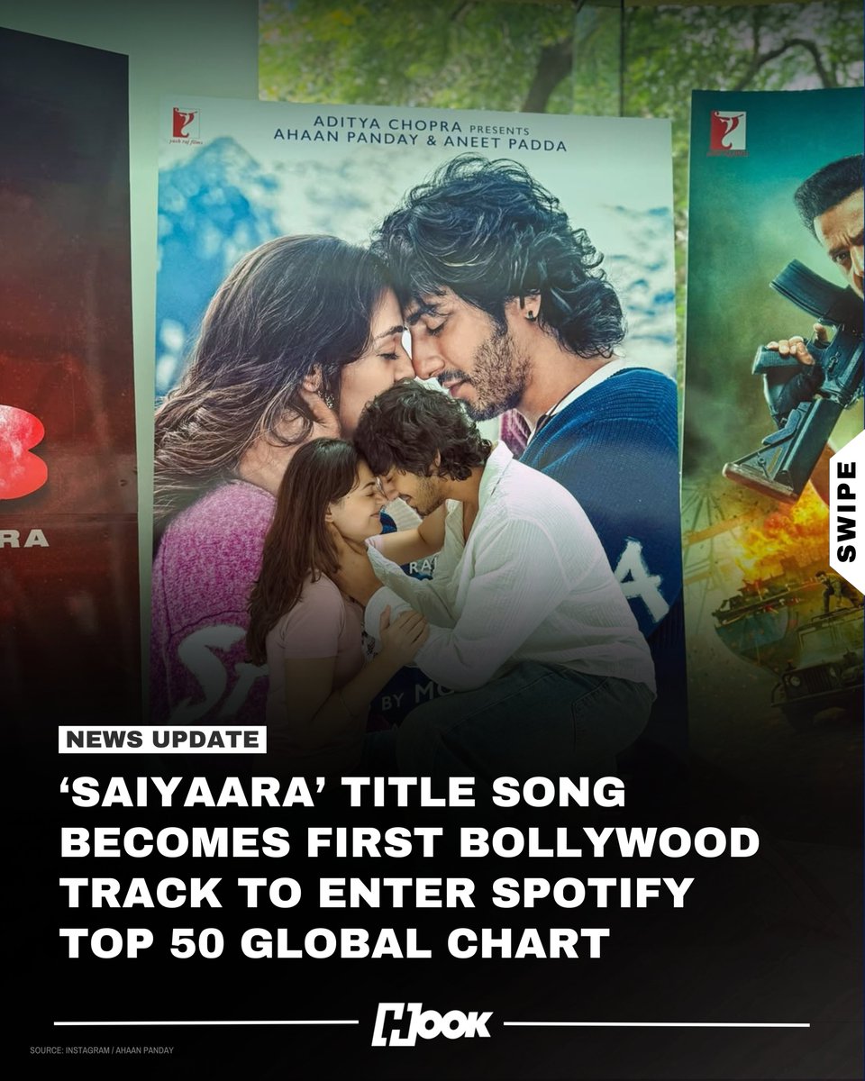 HookNewsfeed's tweet photo. Bollywood’s ‘Saiyaara’ title song has reached new heights by entering Spotify’s Top 50 Global chart, beating top artists like Billie Eilish and Lady Gaga. This historic feat showcases the rising global influence of Indian film music.
#Saiyaara #BollywoodMusic #SpotifyTop50 #GlobalMusicChart #BillieEilish #LadyGaga #MusicMilestone #IndianCinema #BreakingNews