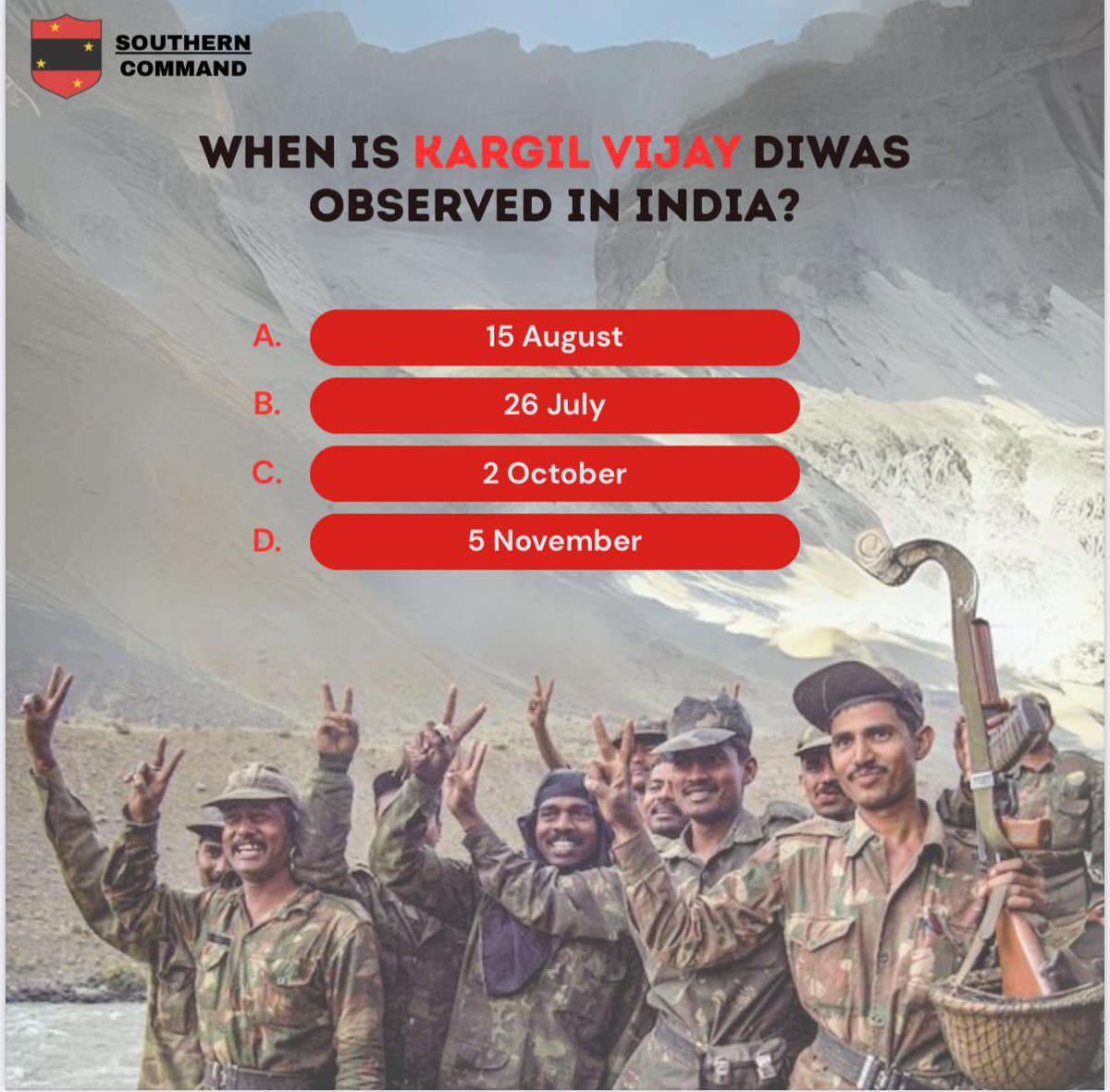 #KargilVijayDiwas2025  #WarriorsOfKargil

𝐊𝐚𝐫𝐠𝐢𝐥 𝐕𝐢𝐣𝐚𝐲 𝐃𝐢𝐰𝐚𝐬 𝐐𝐮𝐢𝐳 𝐂𝐡𝐚𝐥𝐥𝐞𝐧𝐠𝐞 

Are you a true patriot? Prove it! 

Dive into the pages of history and test your knowledge about India's triumph in the #KargilWar. 

Answer the questions, relive the