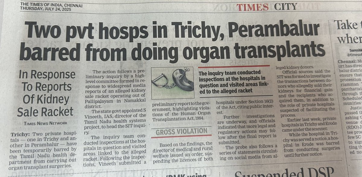 tnrags's tweet image. Two hospitals in Tamil Nadu have been banned from performing organ transplants, following complaints about dubious kidney donations. @the_hindu has named the hospitals while @TOIChennai hasn’t. Neither of them has mentioned one of the hospitals — Dhanalakshmi Srinivasan Medical…