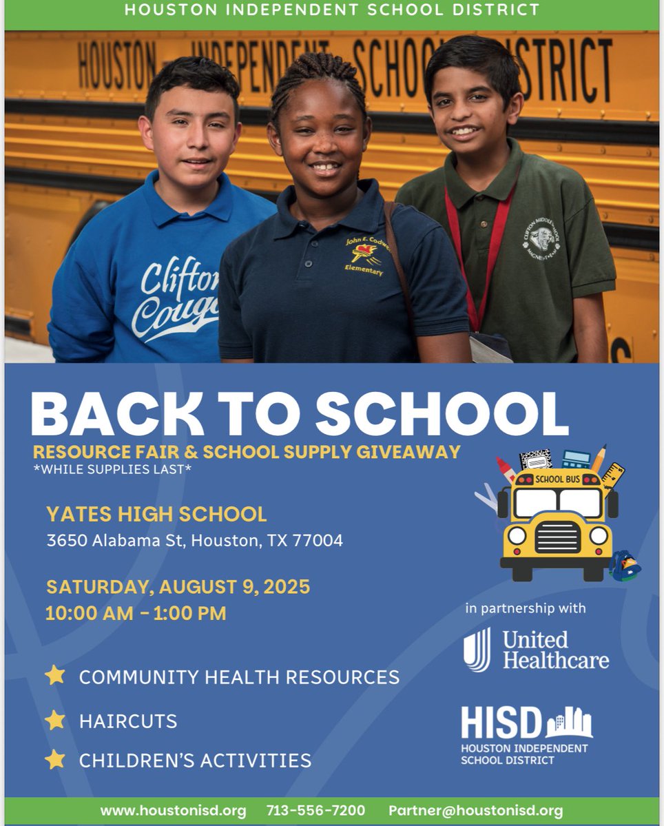 Another opportunity to prepare for the upcoming school year with supplies! On August 9th from 10am-1pm, swing by Yates High School for the Back To School Resource Fair and School Supply Giveaway while supplies last! 📎📏🖍️
#HerreraHuskies #preparation
