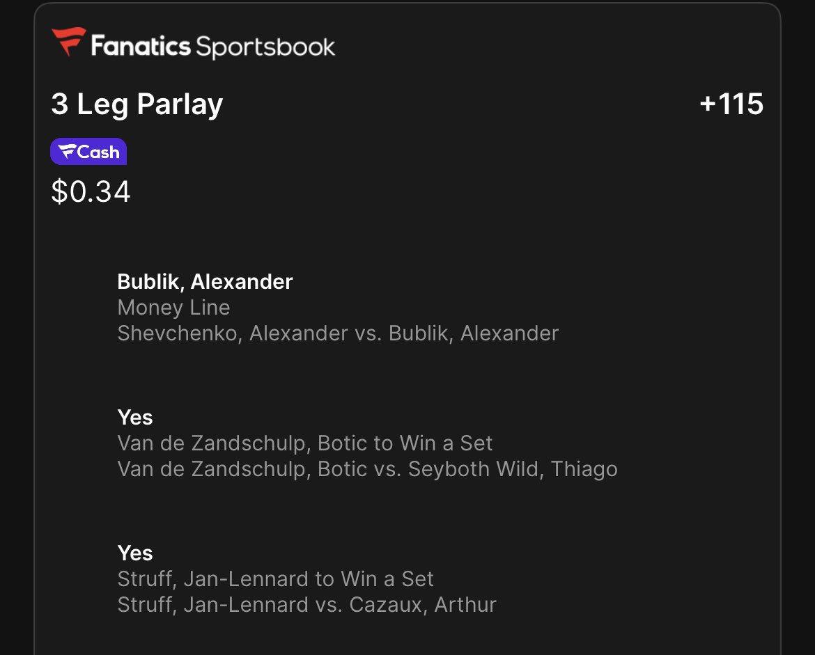 ProfitPickz's tweet image. 🎾💰 3-Leg Tennis Parlay 💰🎾
🔥 +115 Odds — Let’s GET IT! 🚀
✅ Bublik ML 🧠
✅ Botic to win a set 🎯
✅ Struff to win a set ⭐️
Wake N Cash ☕💸
#TennisPicks #Gambling𝕏 #GamblingTwitter