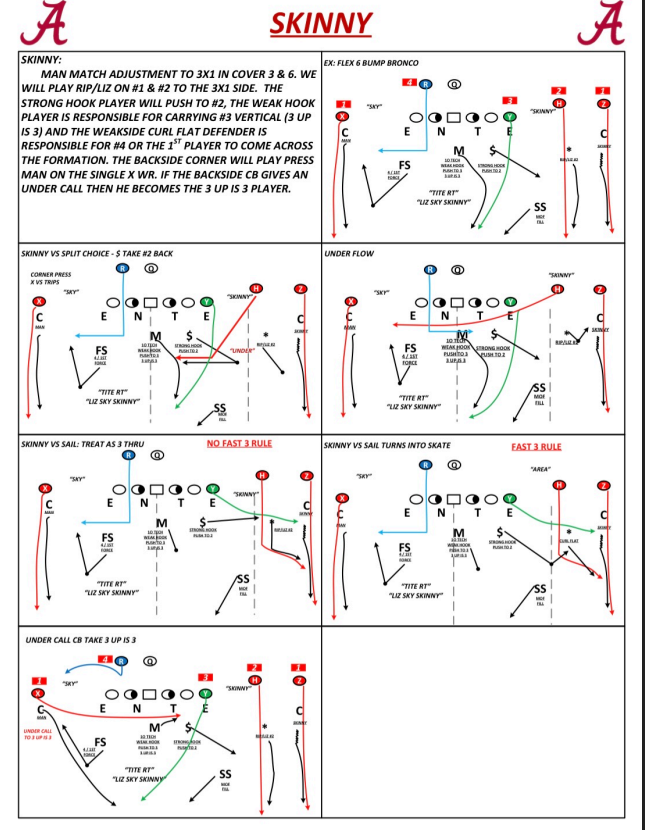 SKINNY. 3/6 Match 3x1 Check. 

Always ask who is responsible for 3 vertical in any 3x1 check. In skinny the traditional "Weak Hook" defender is responsible for 3 up, with match on #1 and #2.