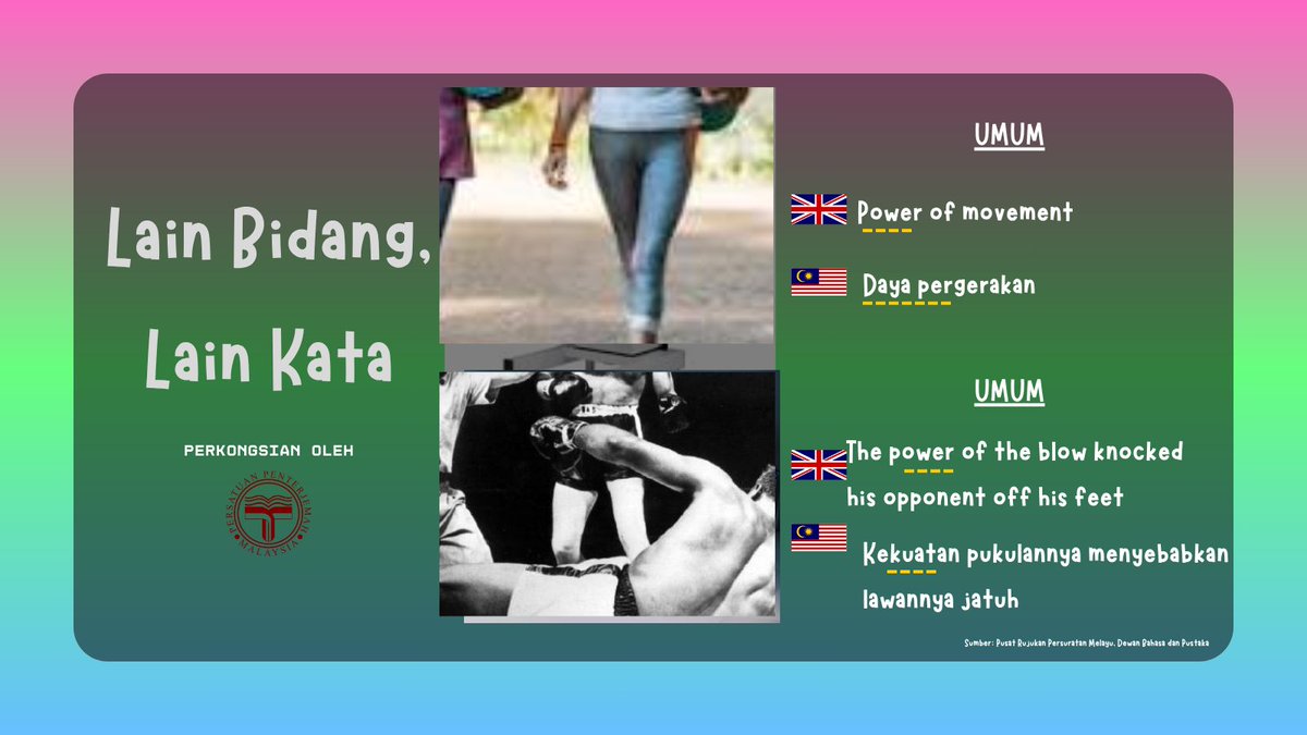 [Lain Bidang, Lain Kata]  
Ada masanya, padanan terjemahan berubah mengikut bidang. 
Contohnya...  
🇬🇧 Power
🇲🇾 Umum
🇬🇧 power of movement
🇲🇾 daya pergerakan
🇲🇾 Umum
🇬🇧 the power of the blow knocked his opponent off his feet
🇲🇾 kekuatan pukulannya menyebabkan lawannya jatuh