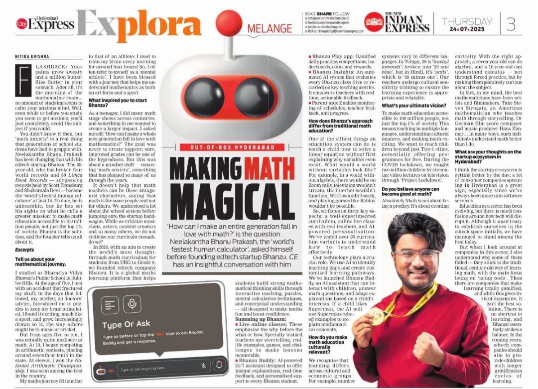 Neelakantha Bhanu Prakash, who became the ‘world’s fastest human calculator’ at just 16, founded Bhanzu with a greater mission: to make math education accessible to 100 million people — not just the top 1% of society. The founder tells us all about it.

newindianexpress.com/cities/hyderab…