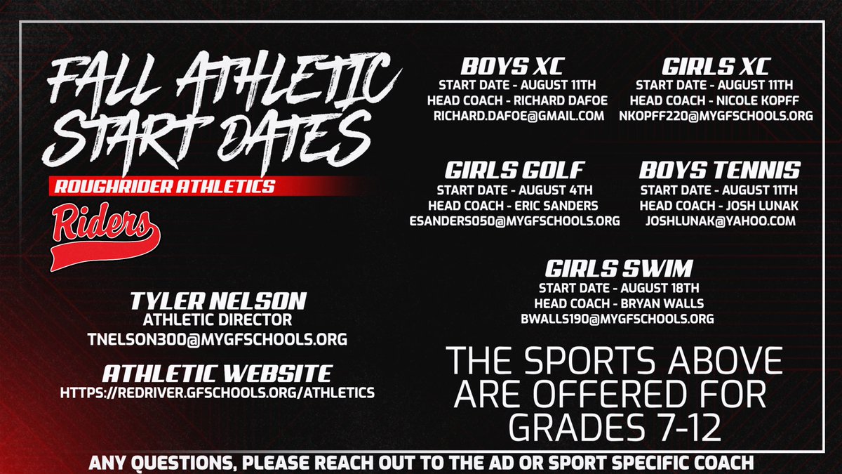Fall Athletics are right around the corner! Make sure to mark your calendars for the start dates for all 9-12 programs and also our 7-12 programs!  The coaches contact information are on this images so please reach out if you have questions! #GoRiders