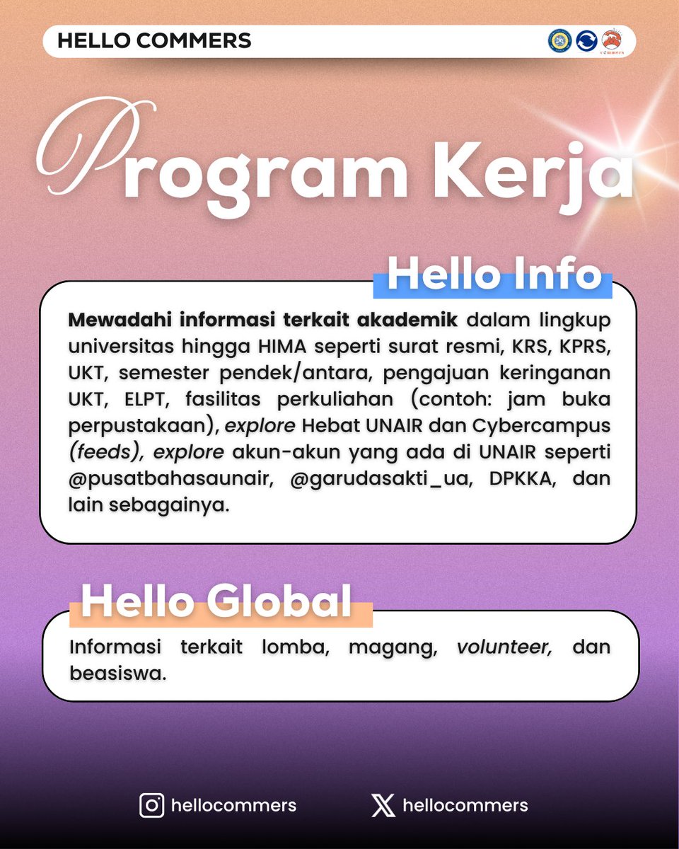 hellocommers's tweet photo. Intip sedikit yuk program kerja dari Hello Commers 2025! 😼 Kami akan berusaha semaksimal mungkin membantu Commers lewat program-program ini. Biar makin sesuai sama tagline kita, nih:

Hello Commers,
Your Commers Bestie! ✨ https://t.co/gXbNd03Ccg