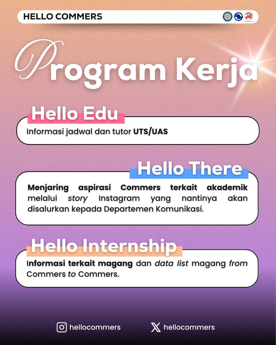 hellocommers's tweet photo. Intip sedikit yuk program kerja dari Hello Commers 2025! 😼 Kami akan berusaha semaksimal mungkin membantu Commers lewat program-program ini. Biar makin sesuai sama tagline kita, nih:

Hello Commers,
Your Commers Bestie! ✨ https://t.co/gXbNd03Ccg