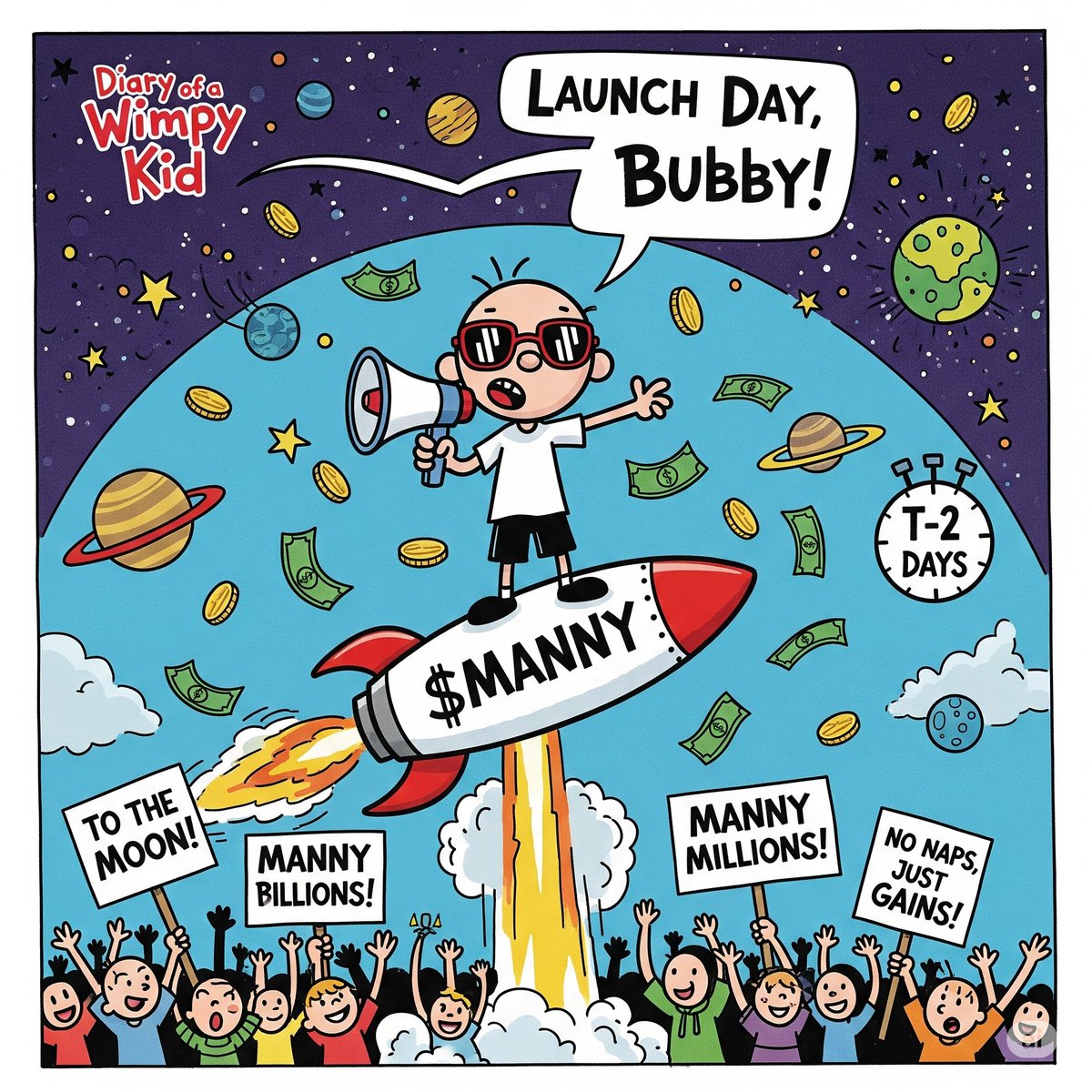 Listen up, you snack-hiding Wimpy Kid fans! It’s your boy MANNY, and the $MANNY coin launch is LOCKED IN for SUNDAY, July 27th! No more ‘whenever I feel like it’—this toddler’s gonna take the crypto world by storm! Forget naps, I’ve been stacking coins while you were snoozing,