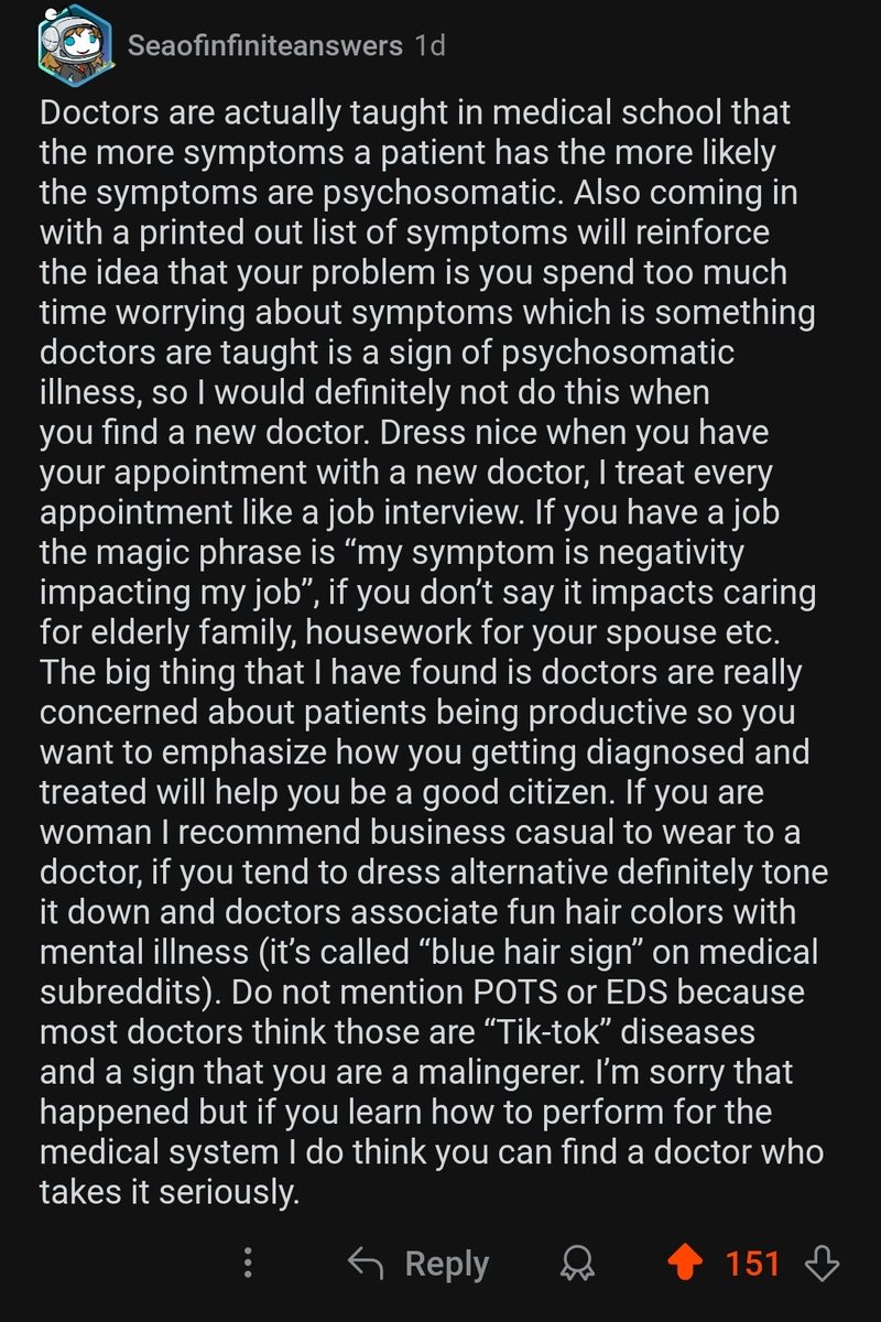 Oh this is getting attention really fast idk if I have anything else to add... Here's a reddit comment that I feel gives good advice on seeking treatment if anyone is curious. It sucks so bad that when you're sick you also have to perform to be taken seriously!!