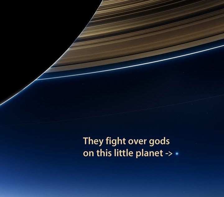 clarkkarmstrong's tweet image. "That tiny pale dot… that’s where billions scream over whose invisible friend is real. From Saturn, it just looks like a speck of dust fighting itself."