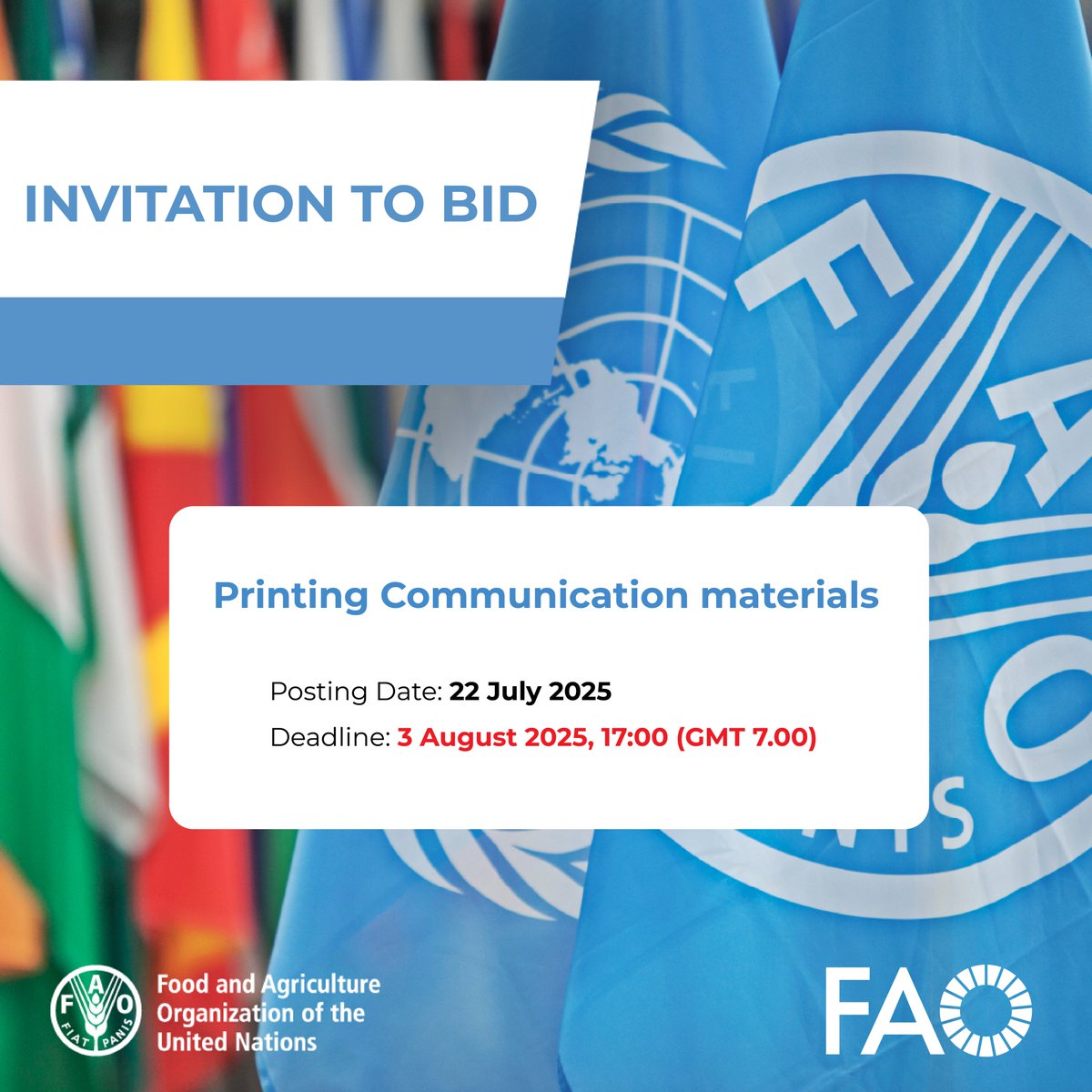 FAOLaoPDR's tweet image. 📢 ITB: Procurement of Printing Communication Materials
FAO Lao People's Democratic Republic invites bids for GCP/LAO/034/JPN.
📆 Deadline: 3 August 2025
📌 Details: fao.org/lao-people-dem…
#FAOLaoPDR #Procurement #ITB
