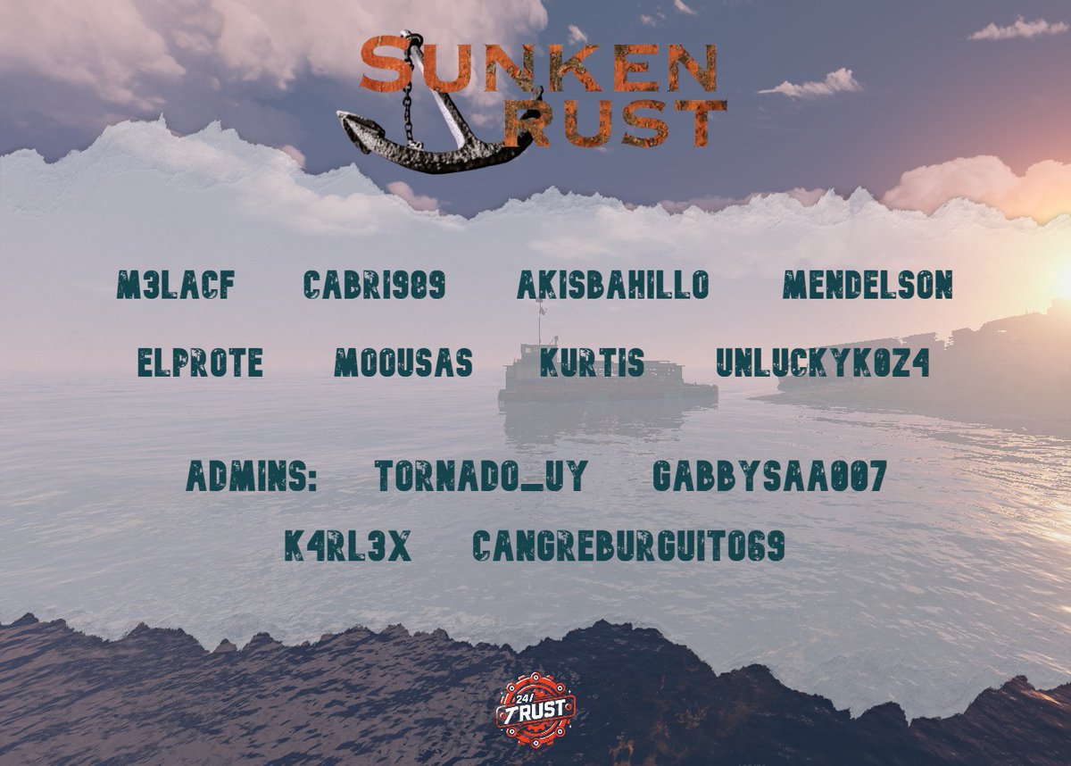 ¡Esta aventura esta a nada de iniciar!
Bienvenidos a los ultimos participantes! 👋
Les presentamos a los Admins que gracias a su apoyo y desvelos se logro este gran evento ⛵️
<a href="/Tornado_uy/">Tornado</a> <a href="/K4rL3x/">K4rL3x</a> <a href="/Cangriu69/">Cangreburguito98</a> <a href="/Gabbysaa007/">Gabbysaa007</a> 
#evento #Rust #sunkenrust #creaciondecontenido #diversion