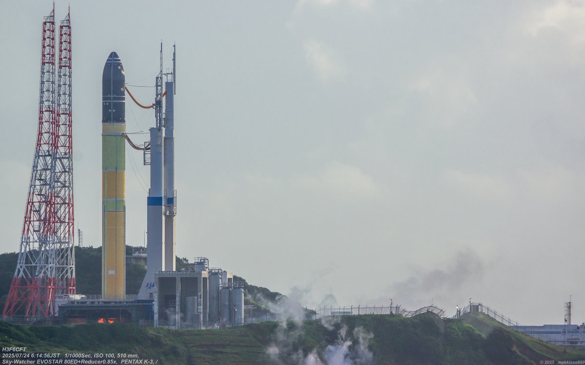makkisse999's tweet image. 7月24日 6:14~　H3ロケット6号機（30形態試験機）1段実機型タンクステージ燃焼試験 [Captive Firing Test]。試験開始を15分のばして実施。25秒間の燃焼試験はあっという間です。発射台越しに炎がチラ見え。#H3F6CFT #JAXA #燃焼試験 #種子島宇宙センター