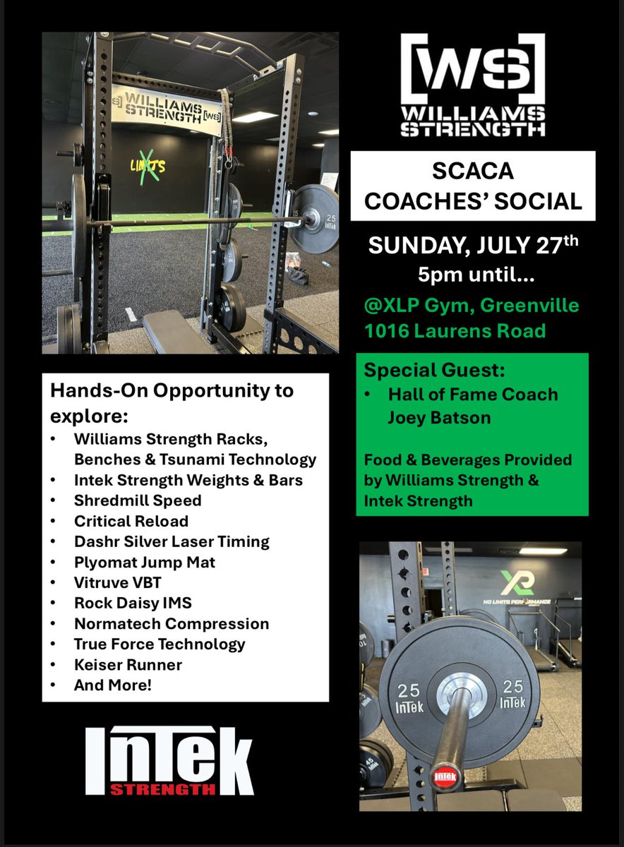 willsstrength's tweet image. It’s SCACA Clinic time in Greenville! Coaches join us for some fellowship, hands-on equipment and technology while honoring the legend Joey Batson!
@hdabernethy
@CoachBatson