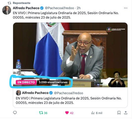 Alfredo Pacheco (@pachecoalfredoo) on Twitter photo ¡Más de 3,000 visualizaciones en vivo durante más de 13 horas de jornada legislativa! Gracias a quienes siguieron la sesión de <a href="/DiputadosRD/">Cámara de Diputados de la República Dominicana</a> sobre el nuevo Código Penal. La ciudadanía cada vez más atenta a los temas que nos definen como país. 🇩🇴📺 ¡Más de 3,000 visualizaciones en vivo durante más de 13 horas de jornada legislativa! Gracias a quienes siguieron la sesión de <a href="/DiputadosRD/">Cámara de Diputados de la República Dominicana</a> sobre el nuevo Código Penal. La ciudadanía cada vez más atenta a los temas que nos definen como país. 🇩🇴📺
